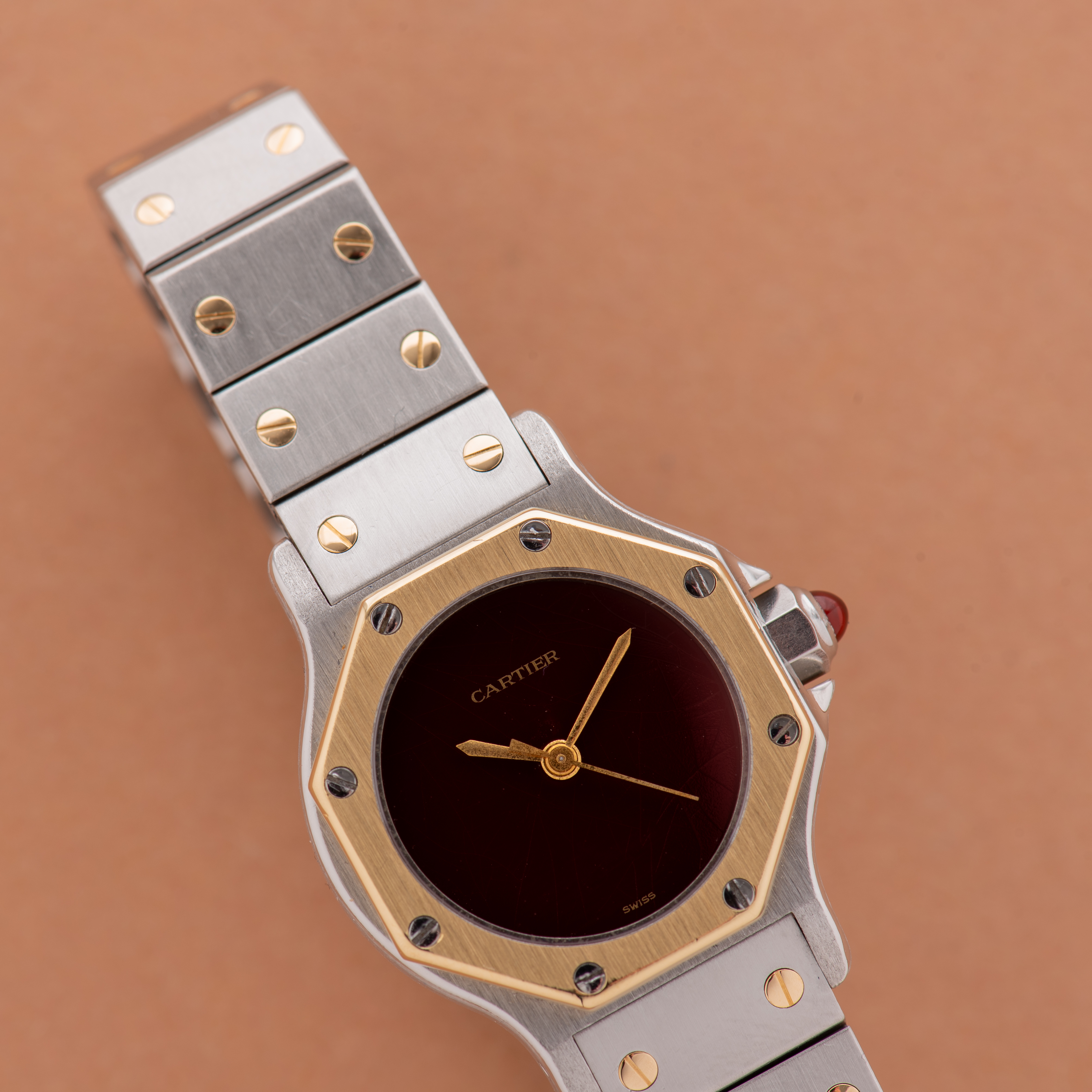 View of Cartier Octagon Burgundy Spider Dial réf 0907