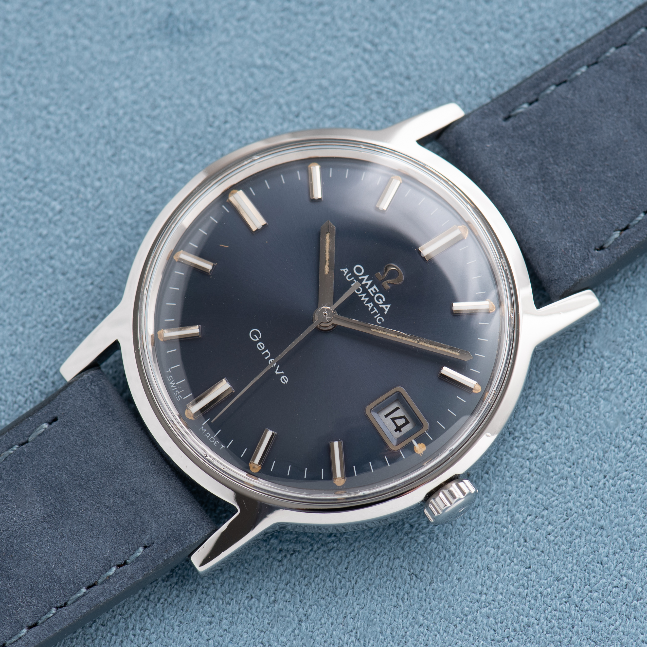 View of Omega Automatic Geneva Date Blue Dial Ref 166.070 from 1969