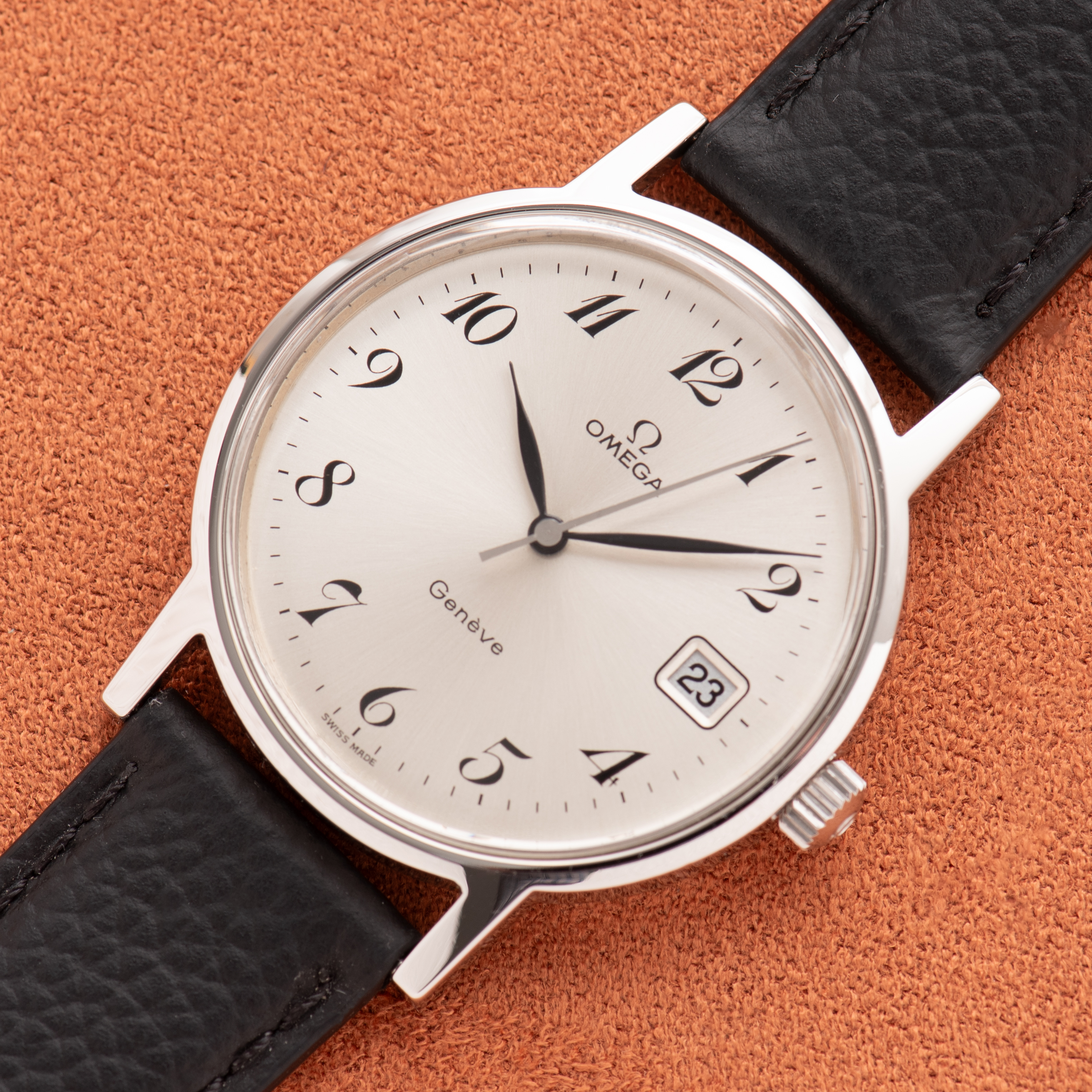 View of Omega Genève Date Silver Breguet Dial réf 136.0104 from 1974