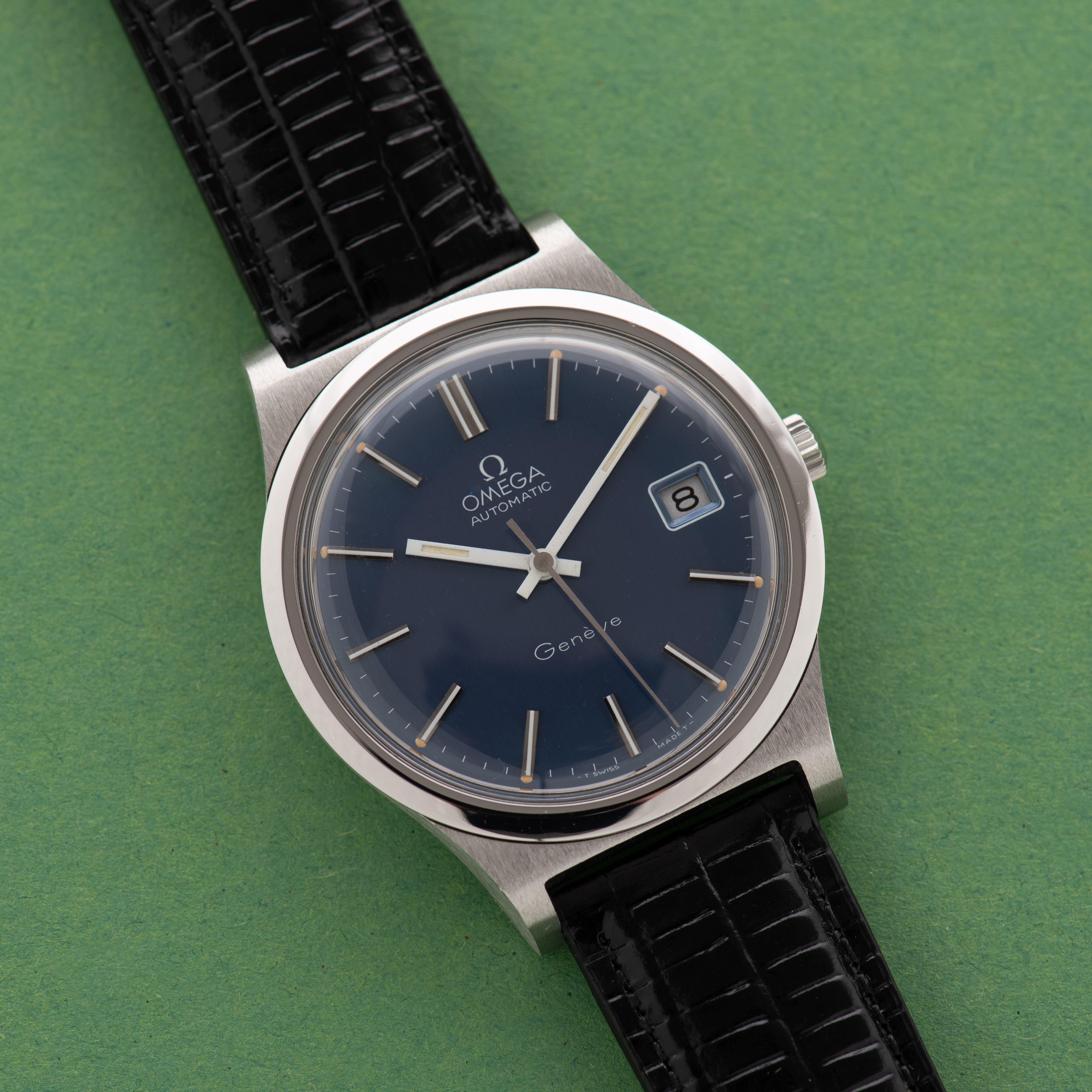 View of Omega Genève Automatic Date Blue Dial Réf 166.0168 from 1973