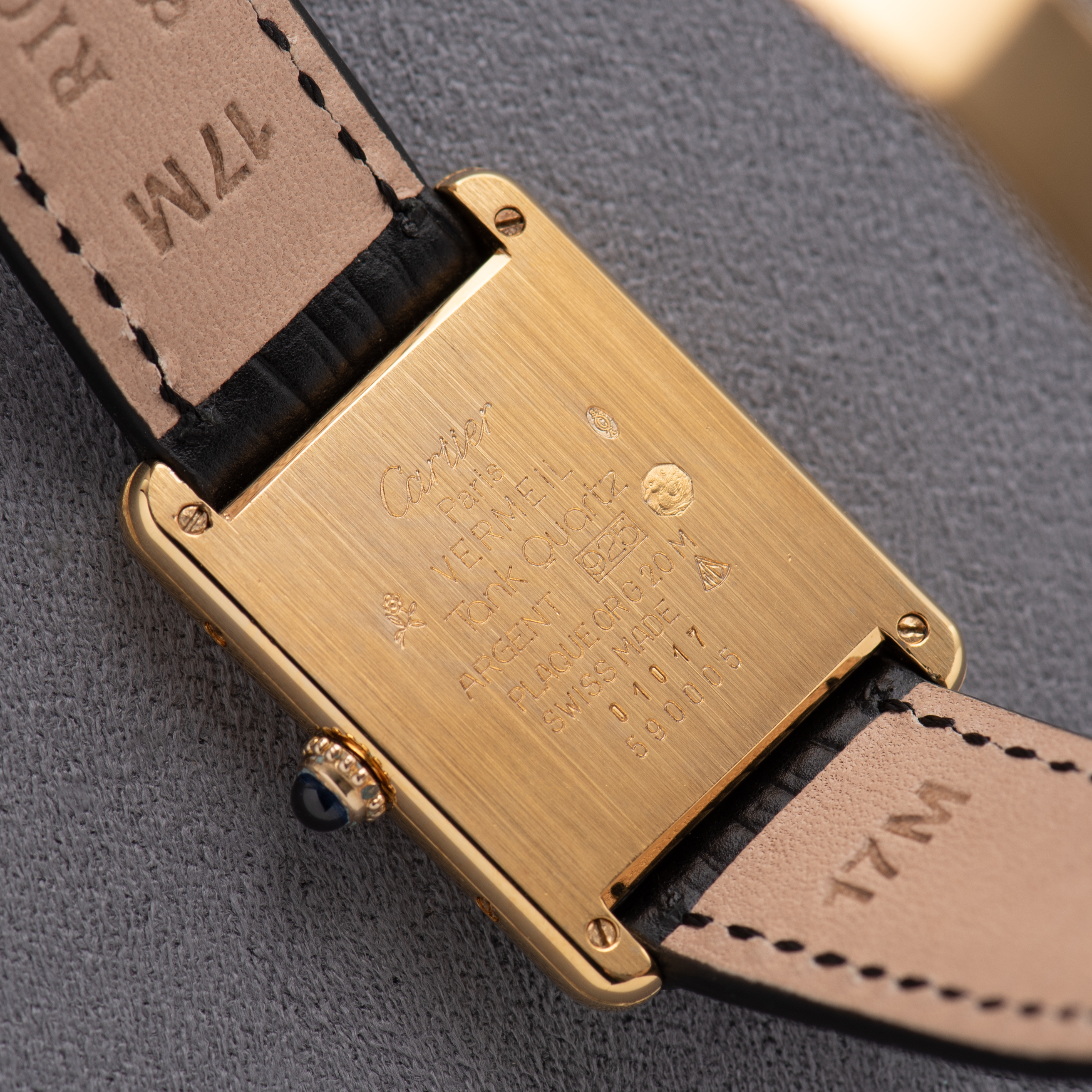 View of Cartier Tank De Must Vermeil GM Black Dial réf 01017 590005