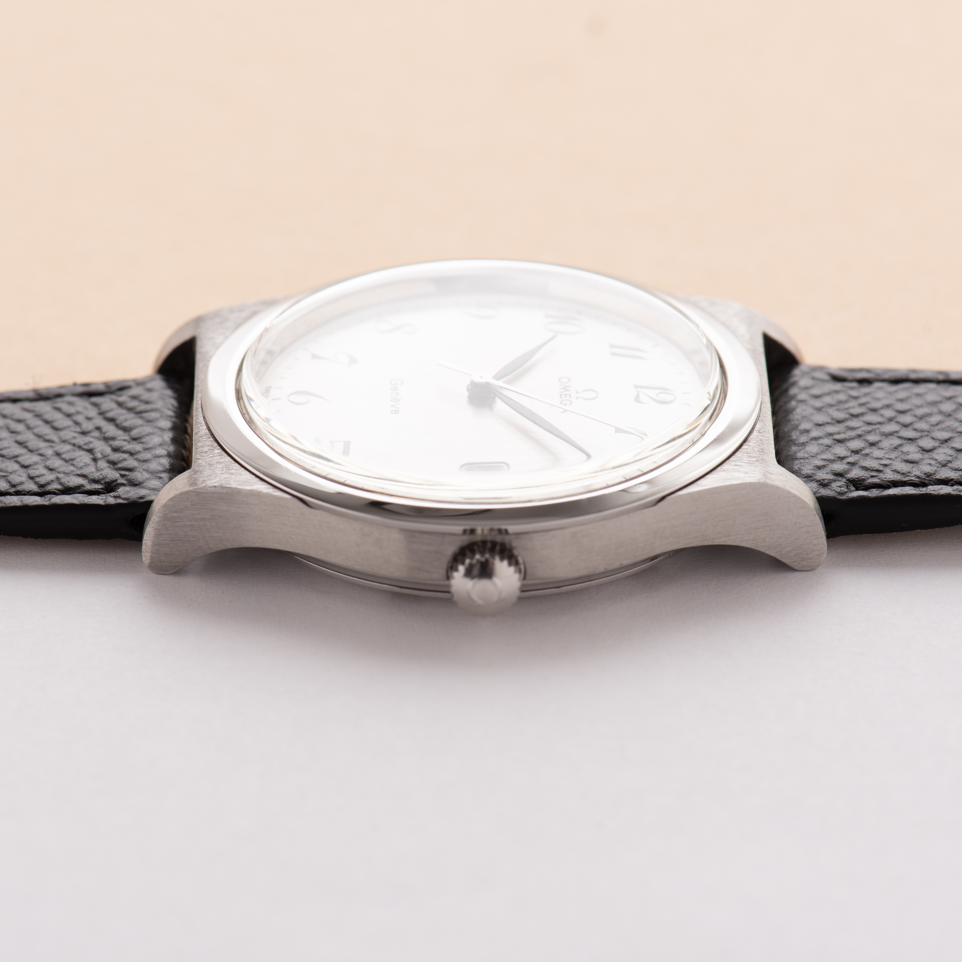 View of Omega Geneva Mechanical Date Breguet Dial Ref 136.0102 from 1975