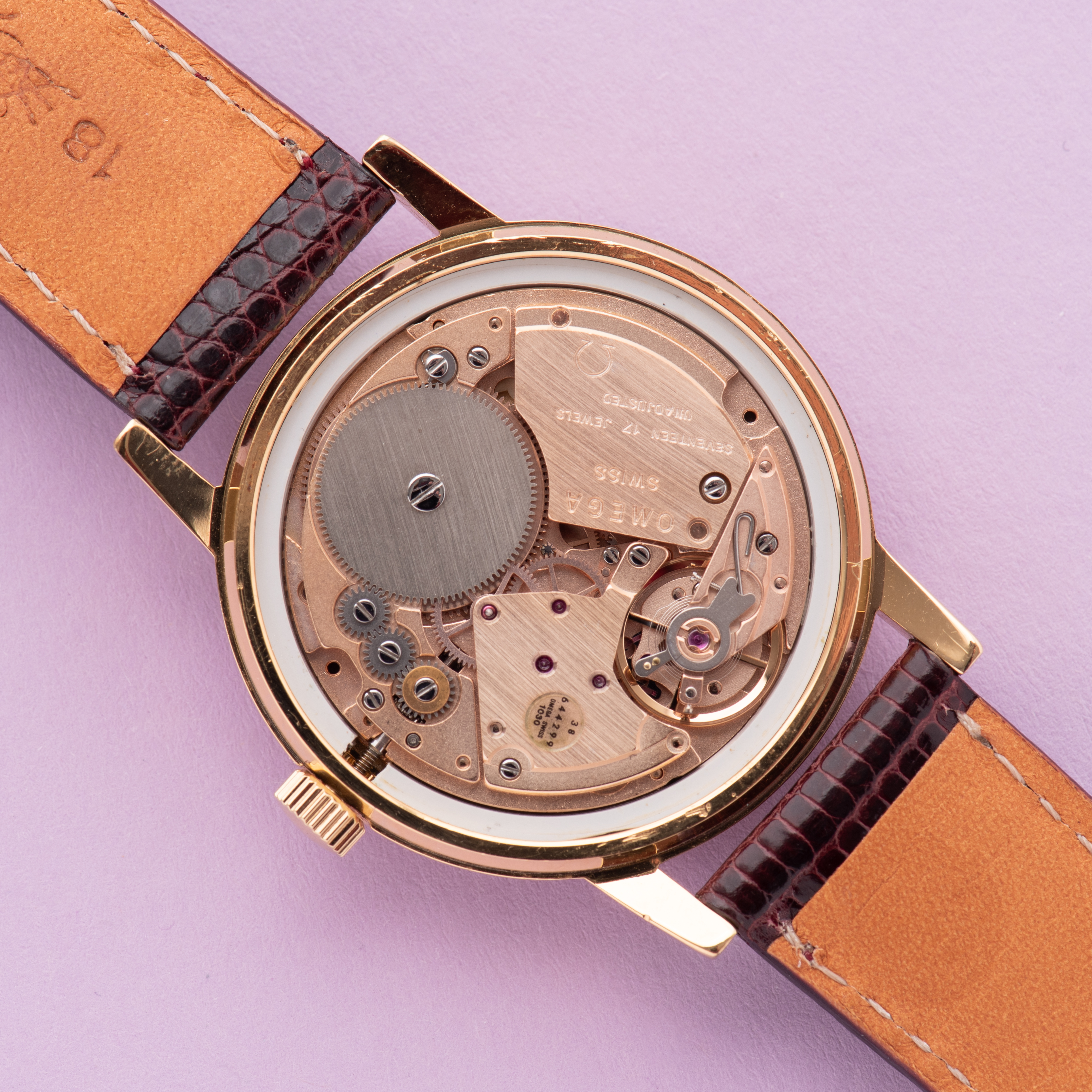 View of Omega Geneva Date Silver linen dial ref 136.0104 from 1974