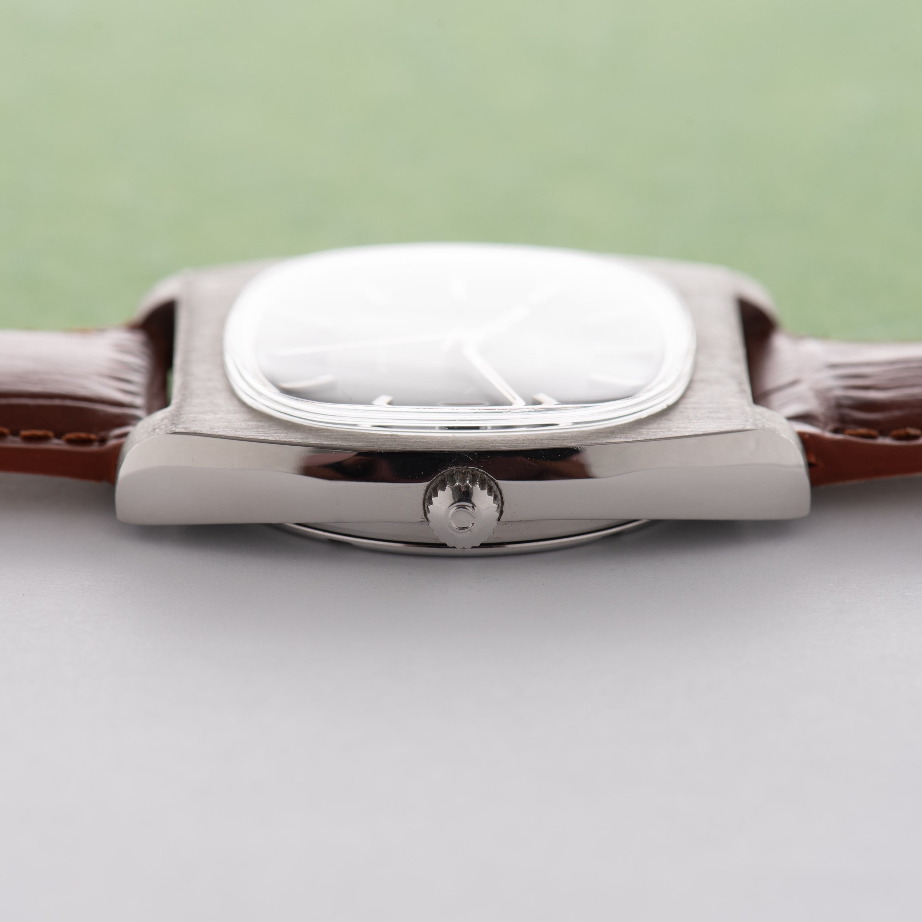 View of Omega Genève Automatic Date Square TV black dial ref 166.0190 from 1973