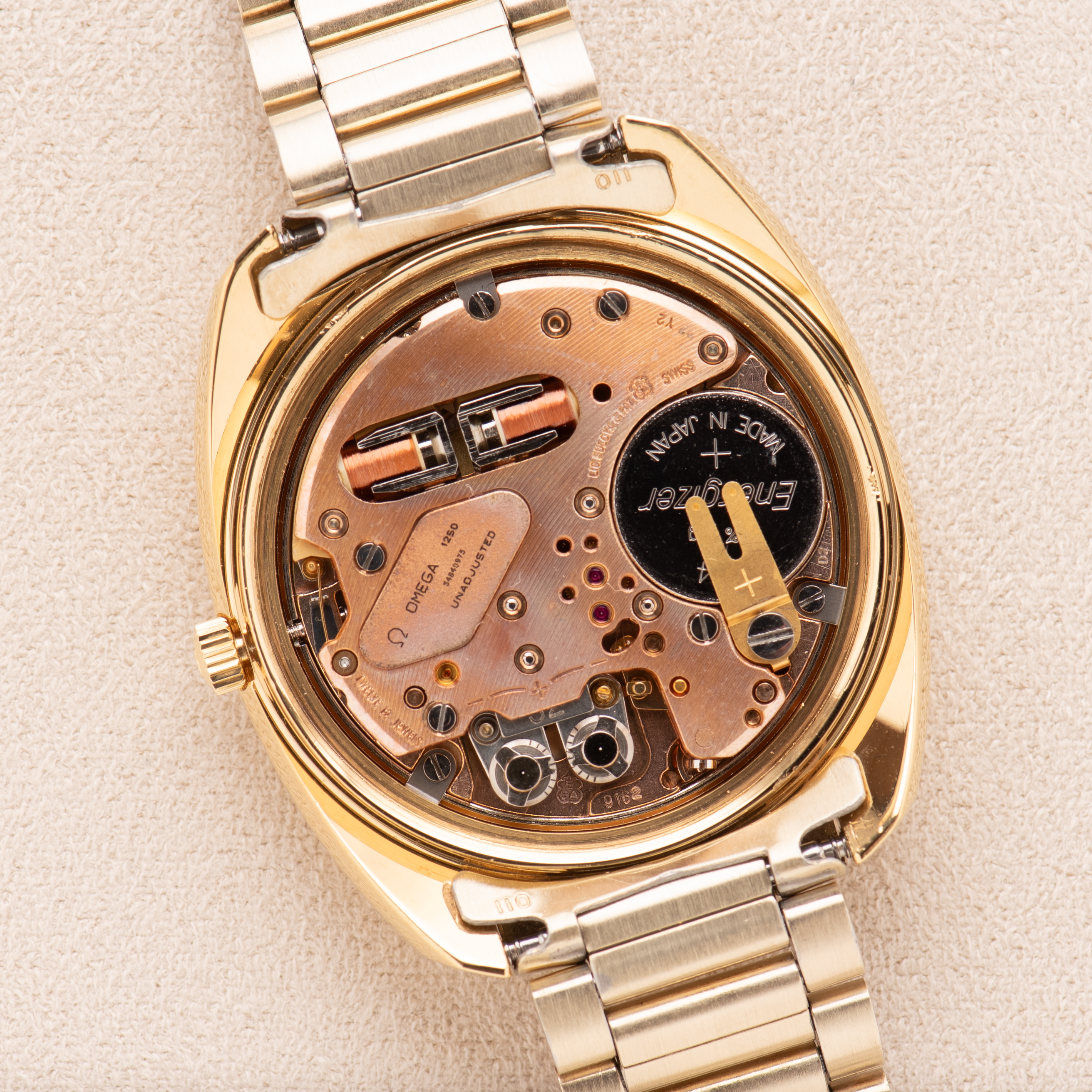 View of Omega Electronic F300 Hz Genève Chronometer Bordeaux Dial Ref 198.030 from 1972