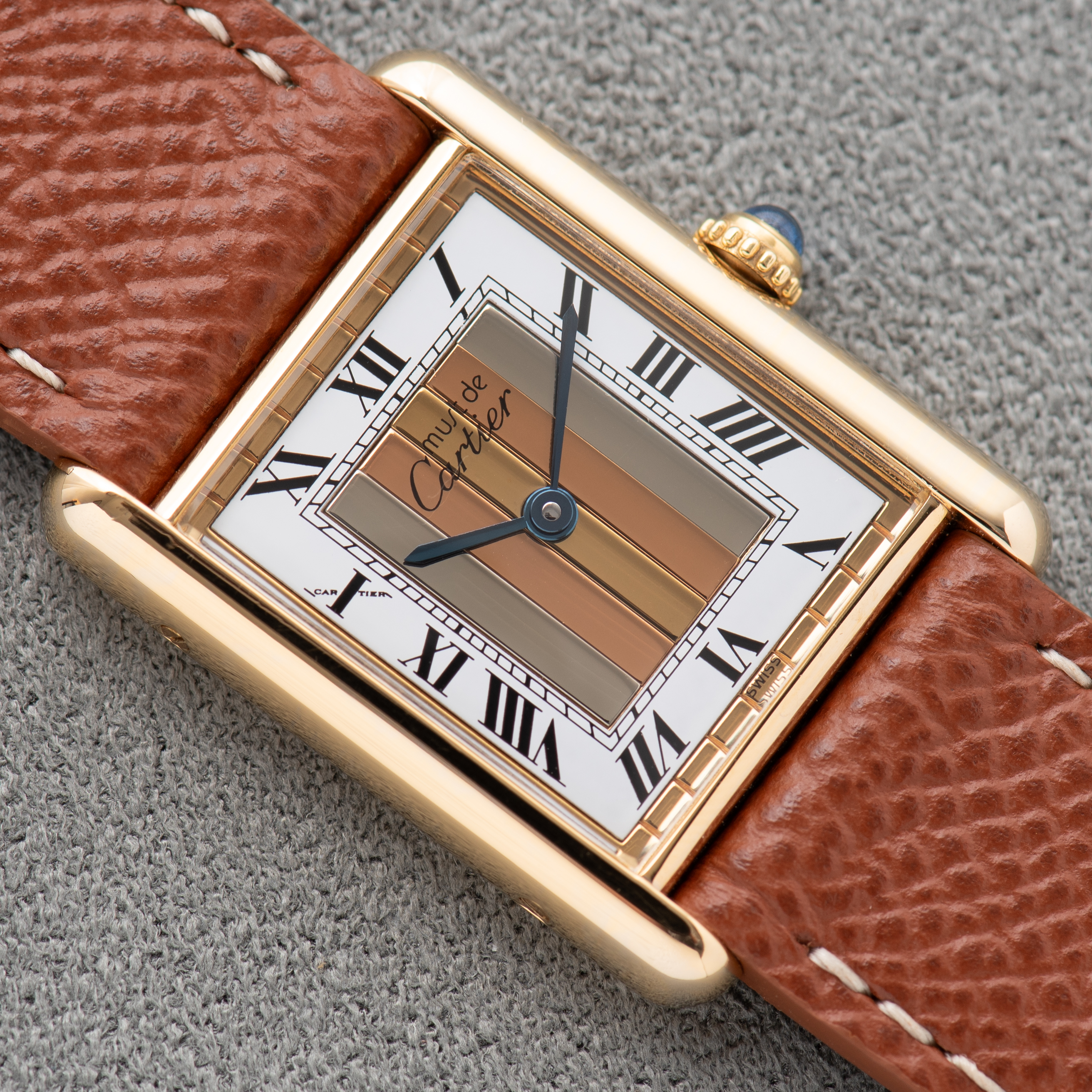 View of Cartier Tank De Must Vermeil GM Trinity dial from 1980-90