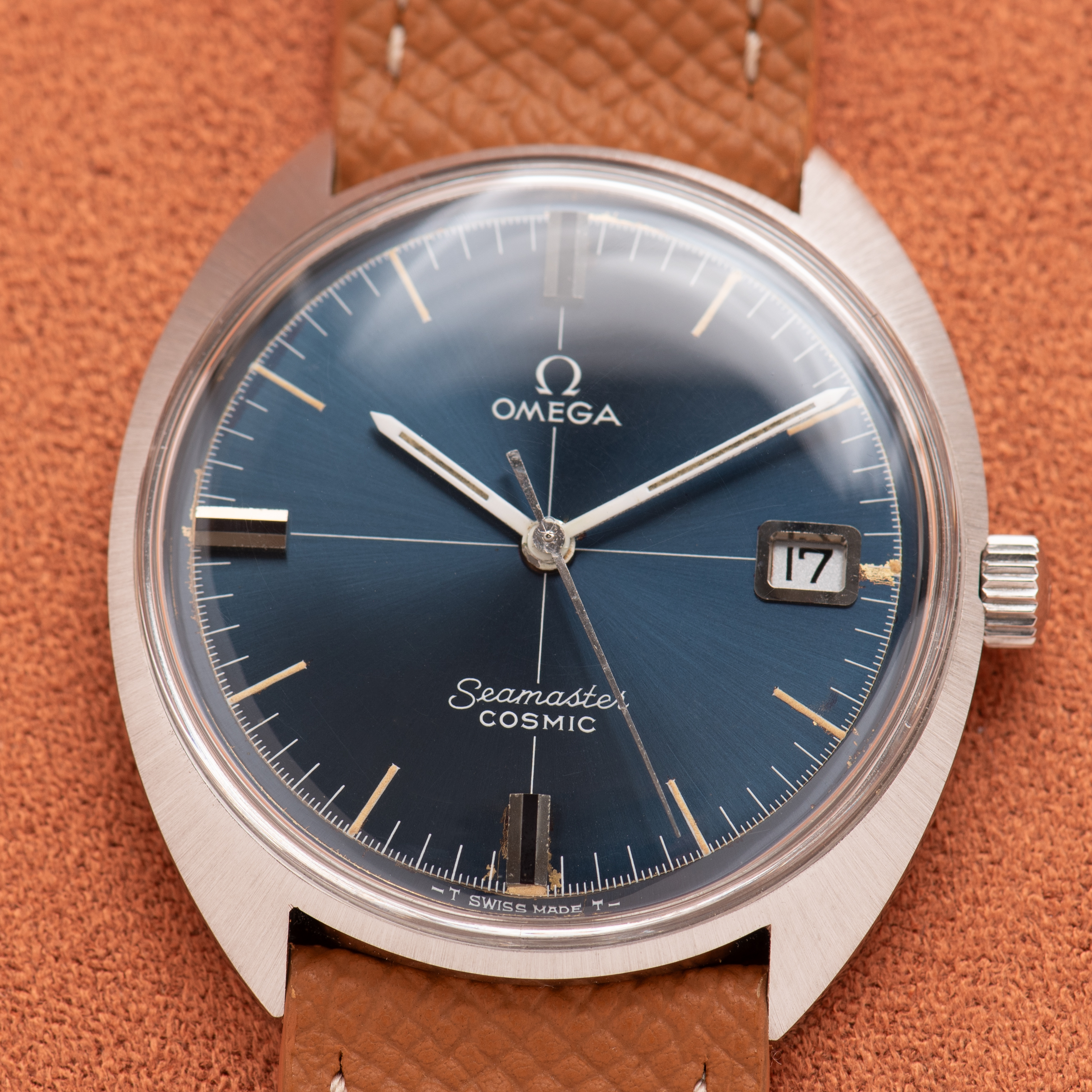 View of Omega Seamaster Cosmic Blue Crosshair Dial Date Ref 136.017SP from 1969