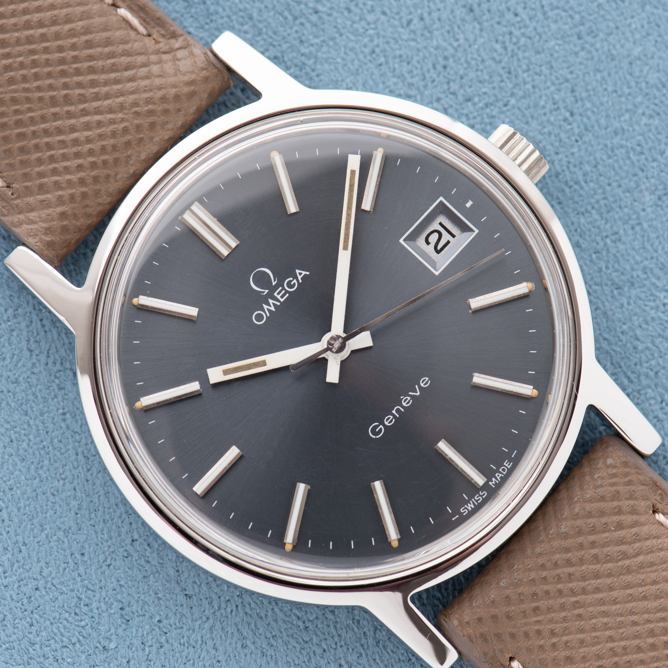 View of Omega Geneva Date Blue/Grey dial Ref 136.0099 from 1972