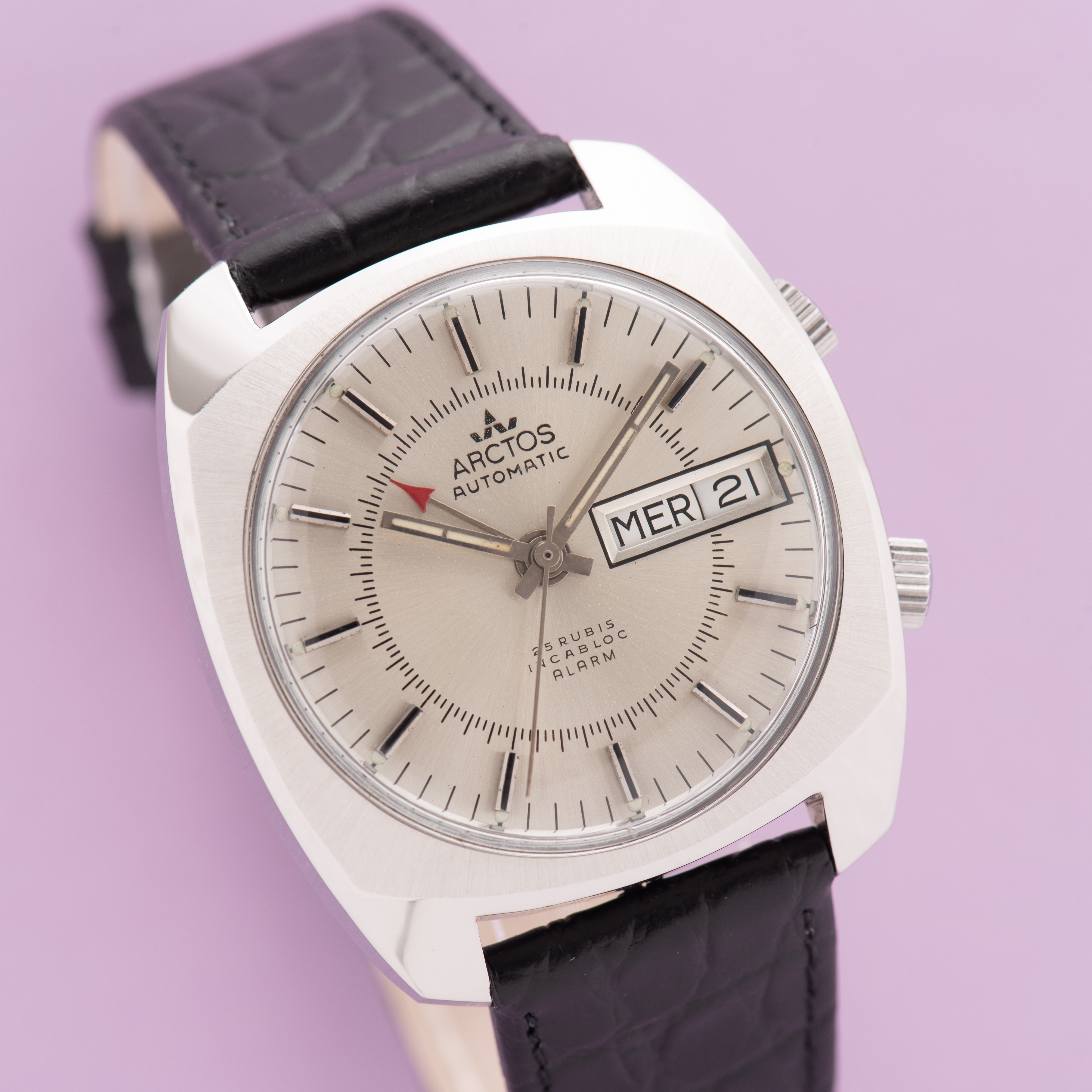 View of Arctos Automatic Day-date 25rubis Incabloc Alarm AS 5008