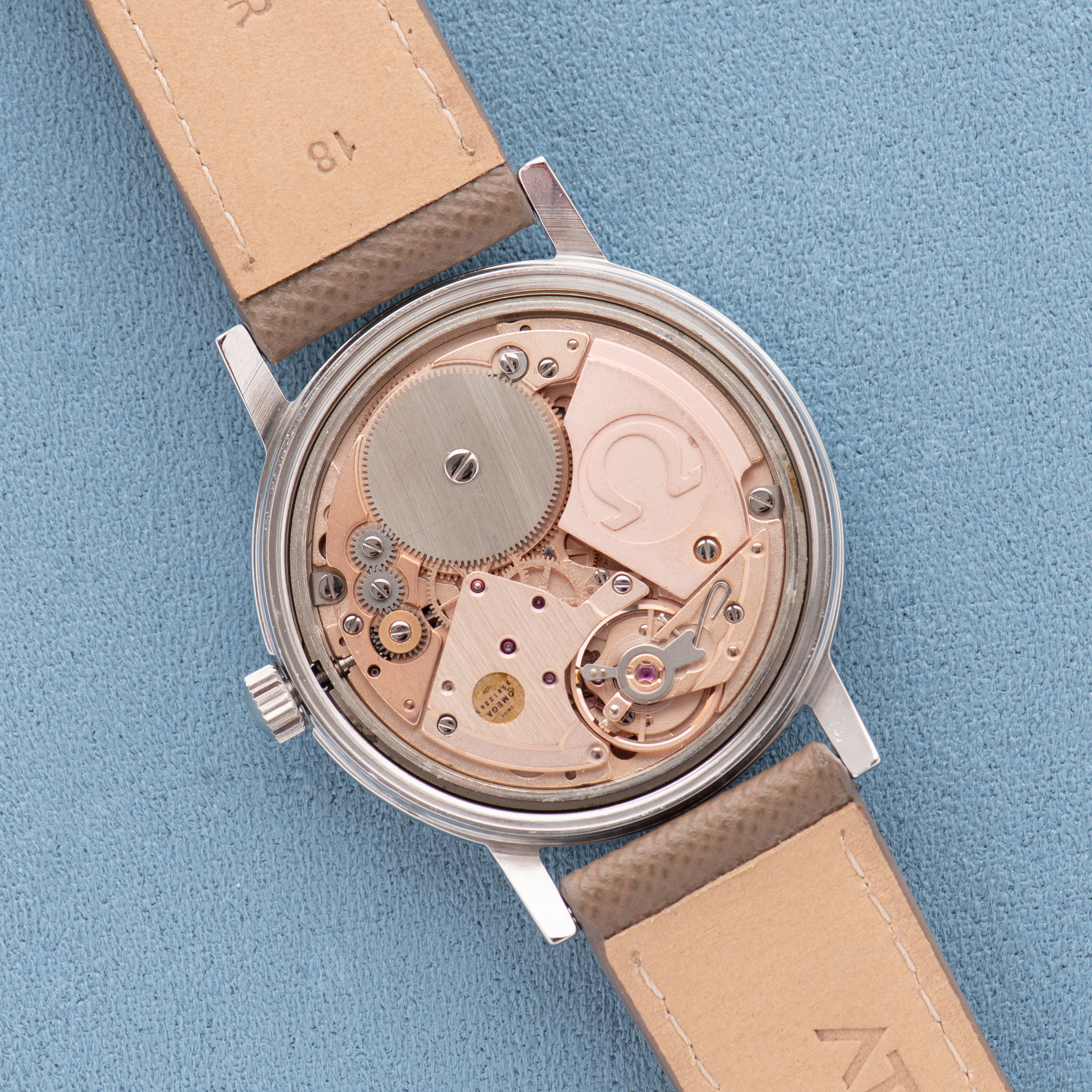 View of Omega Geneva Date Blue/Grey dial Ref 136.0099 from 1972