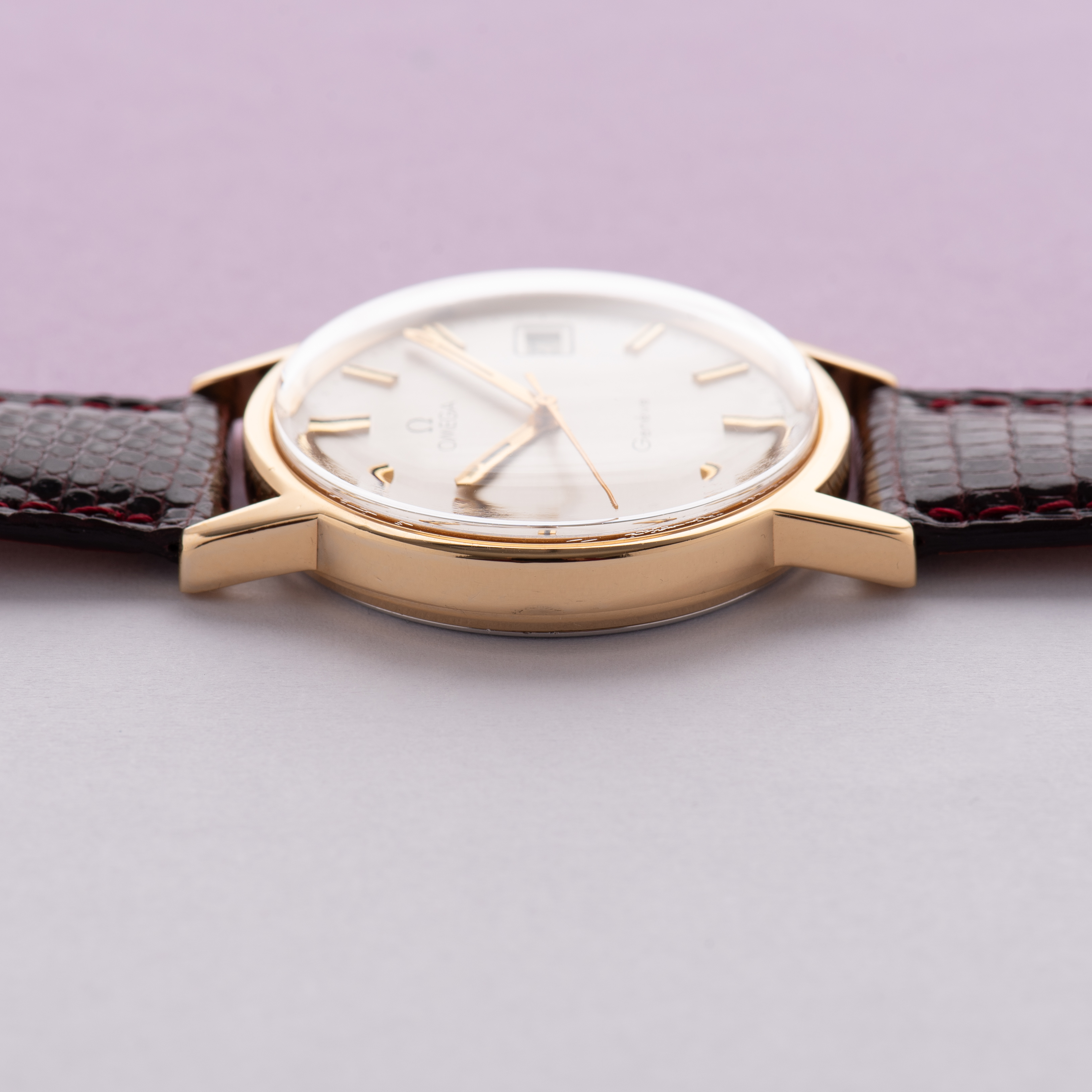 View of Omega Geneva Date Silver linen dial ref 136.0104 from 1974