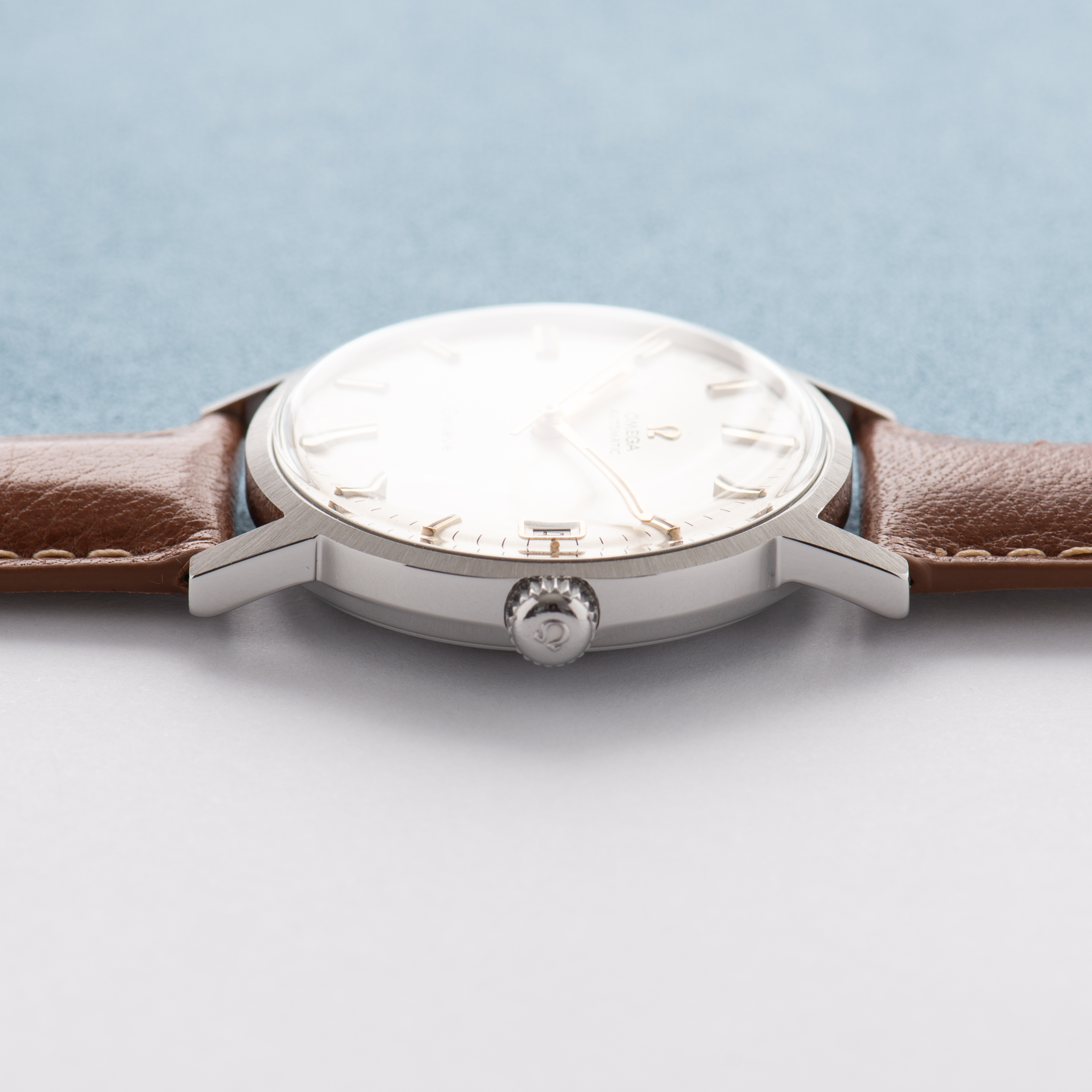 View of Omega Automatic Geneva Date Silver Dial Ref 166.070 from 1969