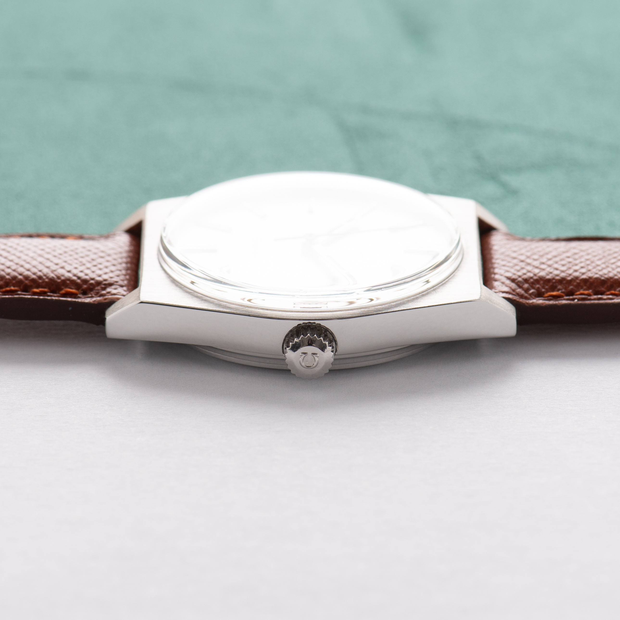 View of Omega Geneva Date Silver Dial Ref 136.0049 from 1969