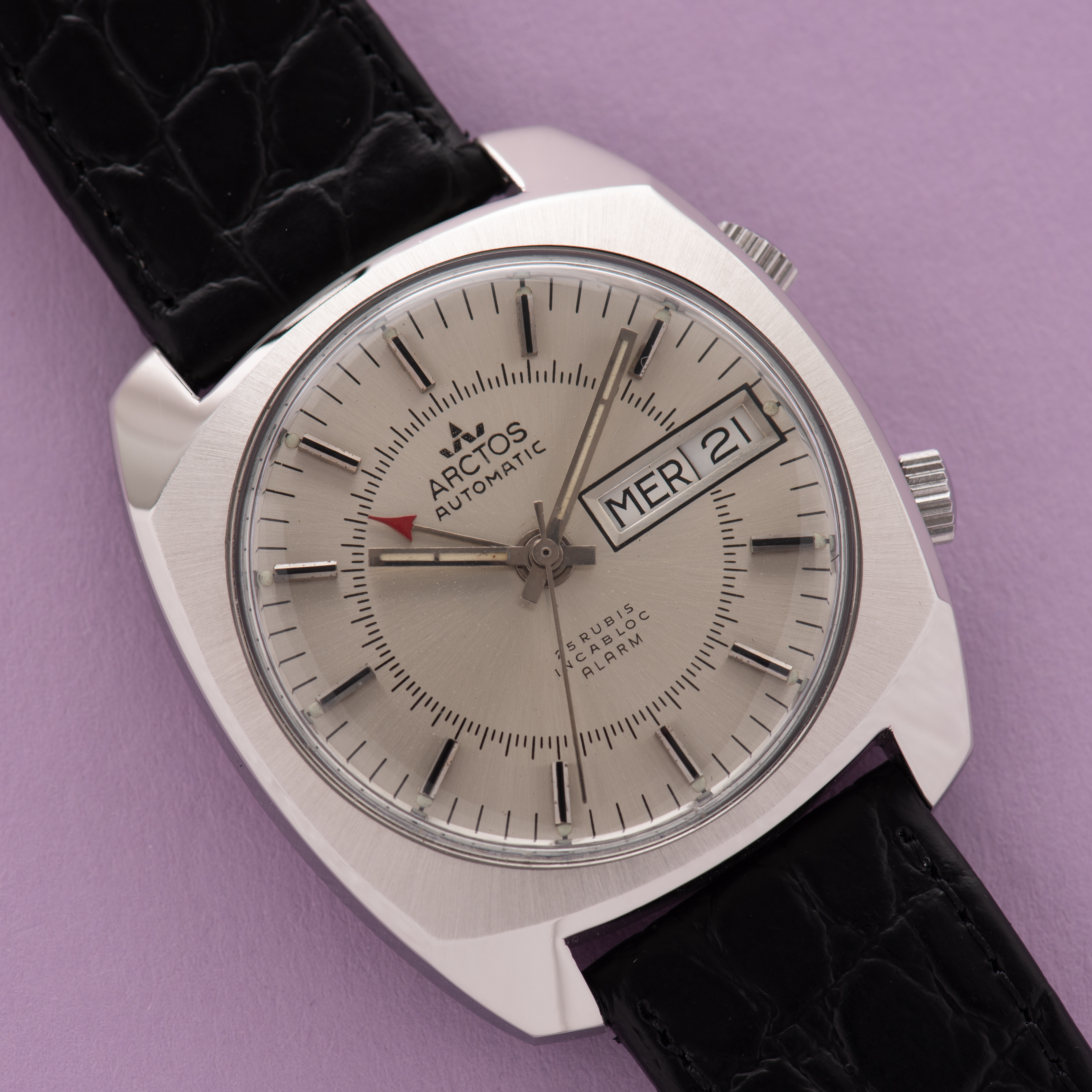View of Arctos Automatic Day-date 25rubis Incabloc Alarm AS 5008