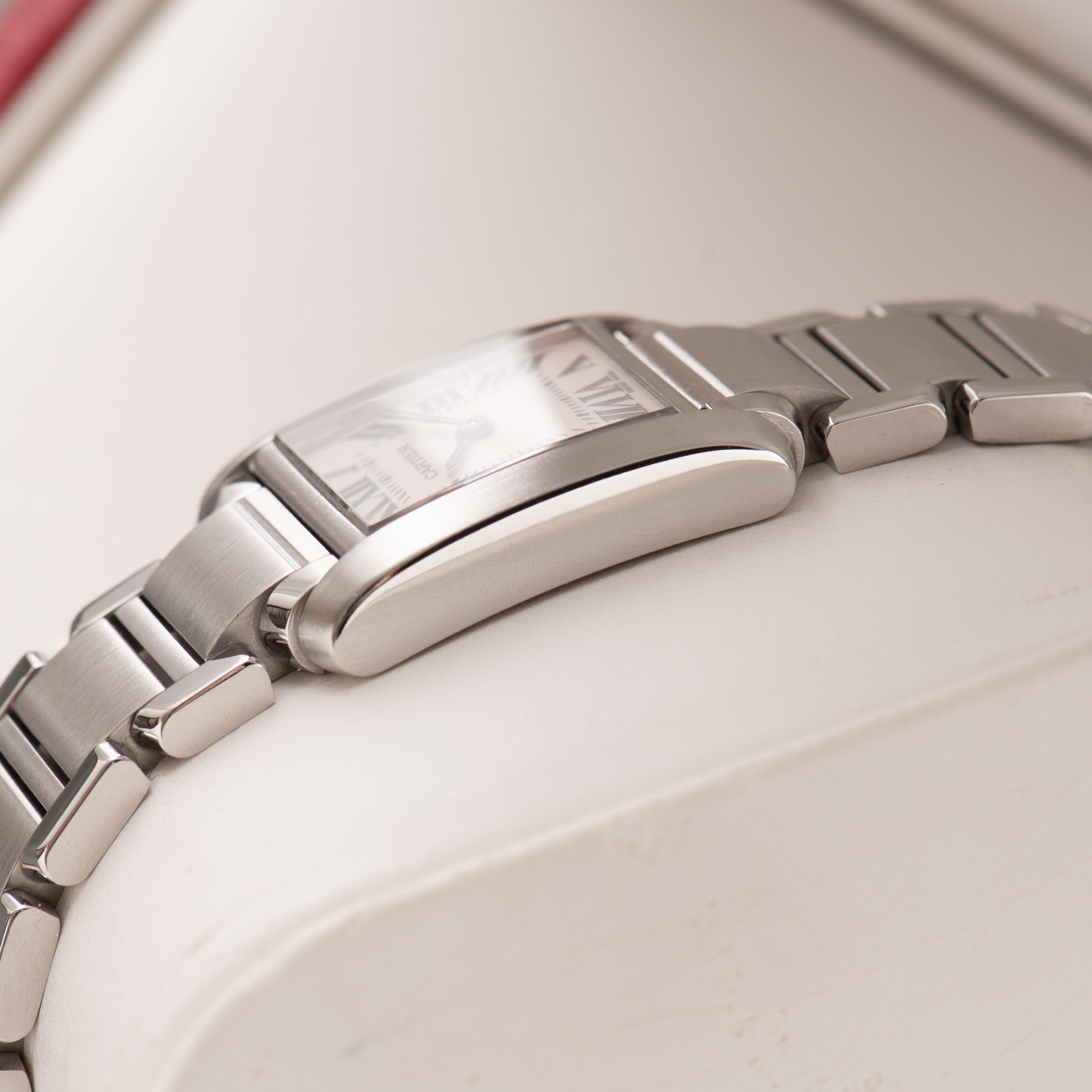 View of Cartier Tank Française SM Roman Dial Réf 2384 Full Set from 2000