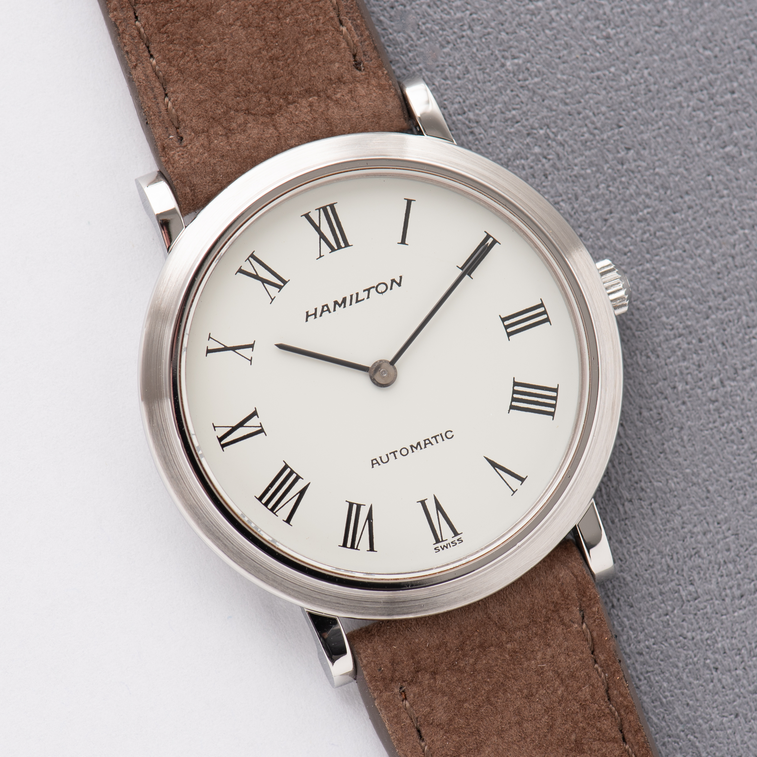 View of Hamilton PROTOTYPE Omega Automatic White Roman Dial Extraplate Cal 831