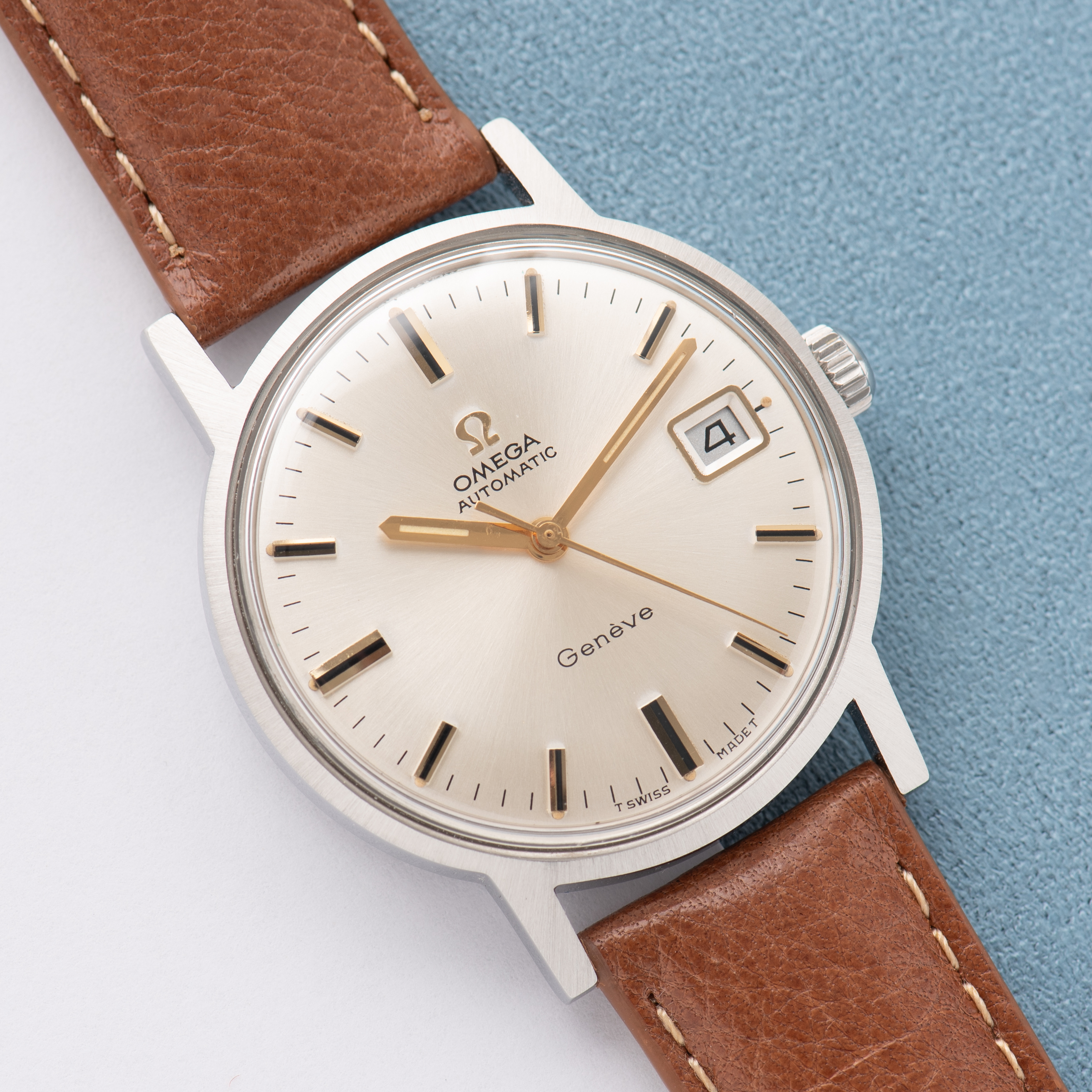 View of Omega Automatic Geneva Date Silver Dial Ref 166.070 from 1969