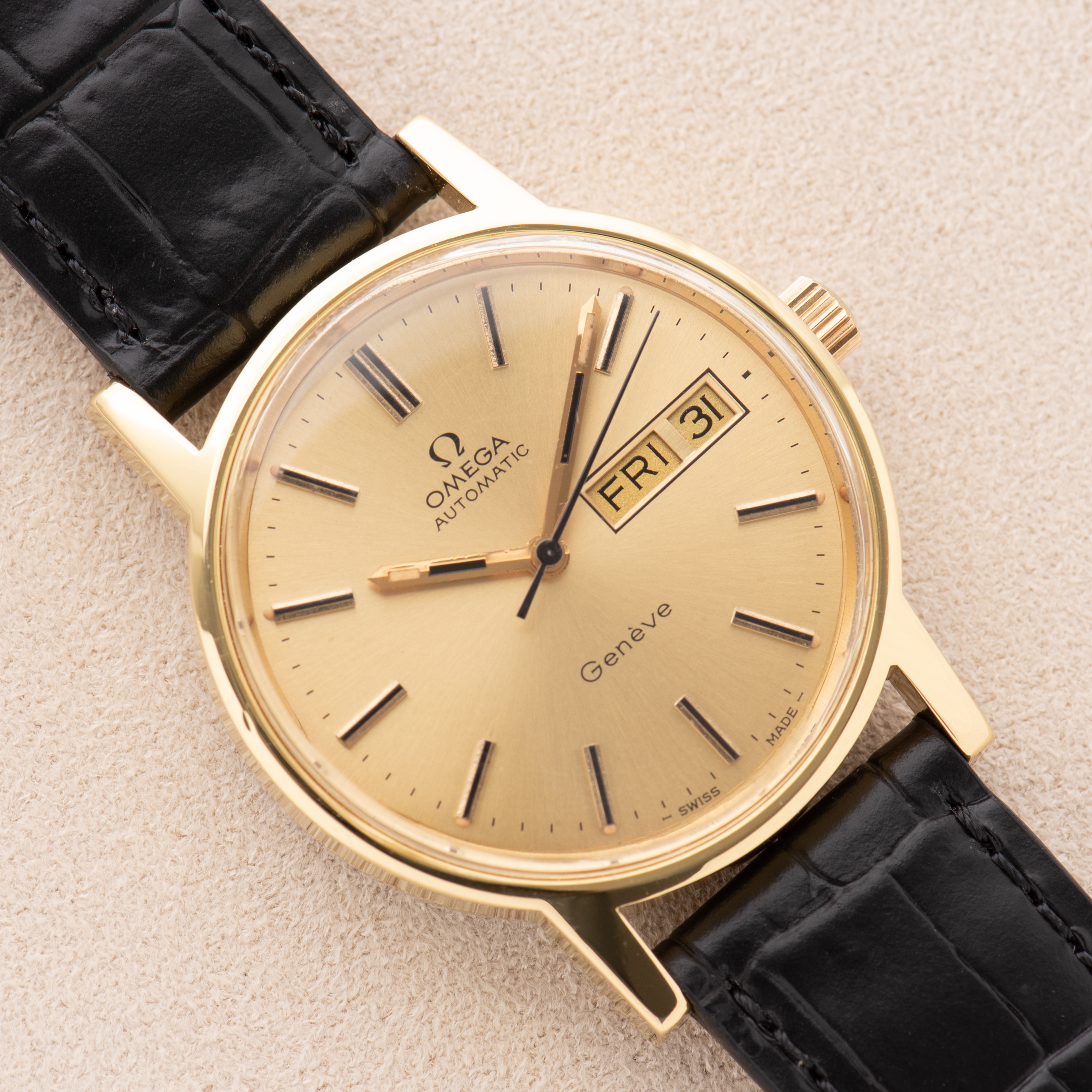 View of Omega Automatic Genève Gold Plated Day-Date From 1973 Ref 166.0117