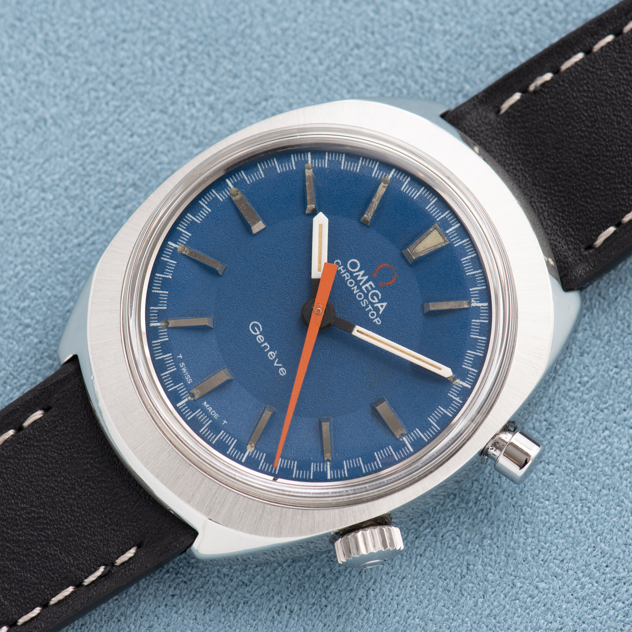 View of Omega Geneva Chronostop Blue Dial Ref 145.009 from 1968 Cal 865