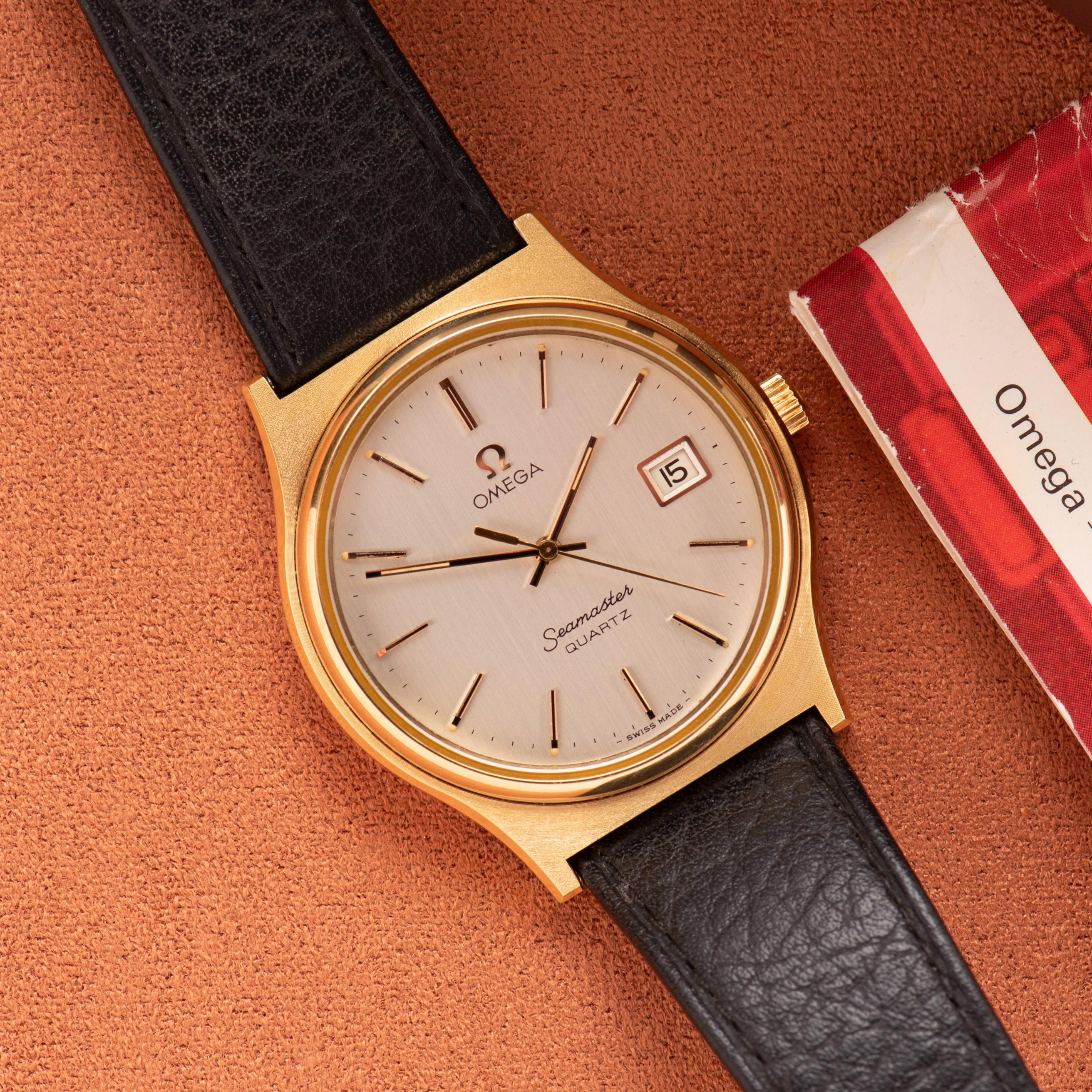 View of Omega Seamaster Quartz from 1977 cal 1342 Réf 196.0116 with box and papers