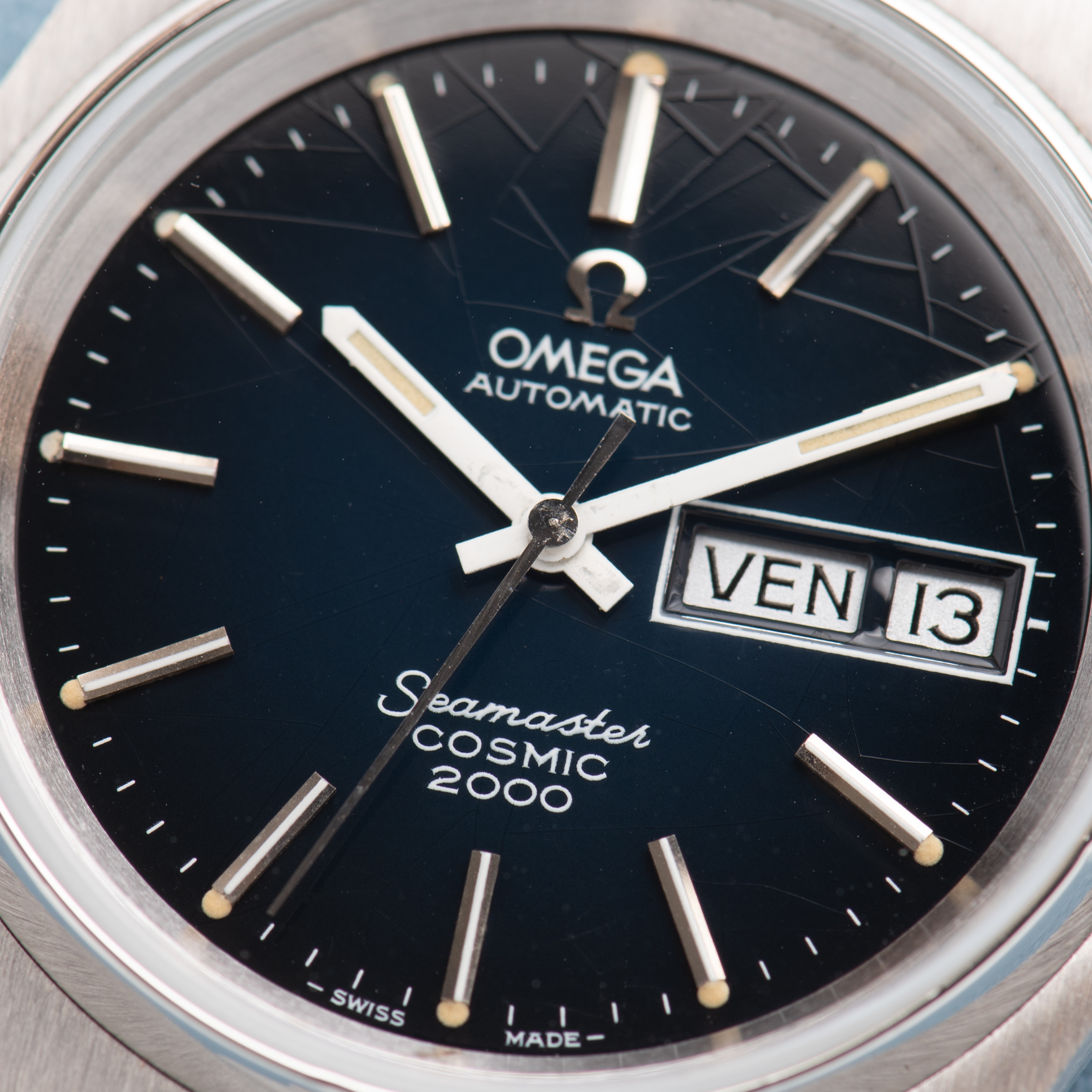 View of Omega Automatic Seamaster Cosmic 2000 Spider dial Réf 166.0129 from 1973