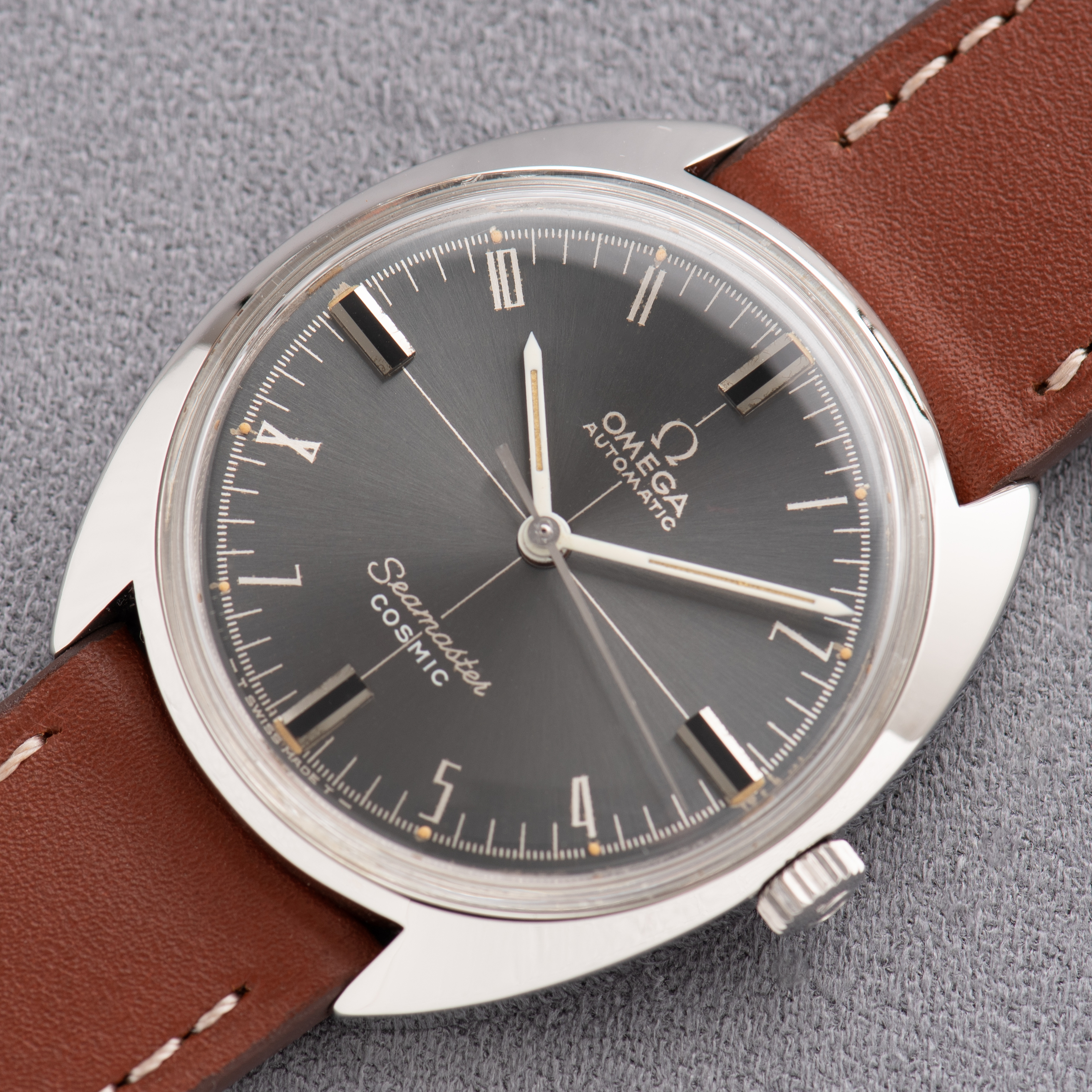 View of Omega Automatic Seamaster Cosmic "Crosshair" Grey Dial Ref 166.026 from 1969