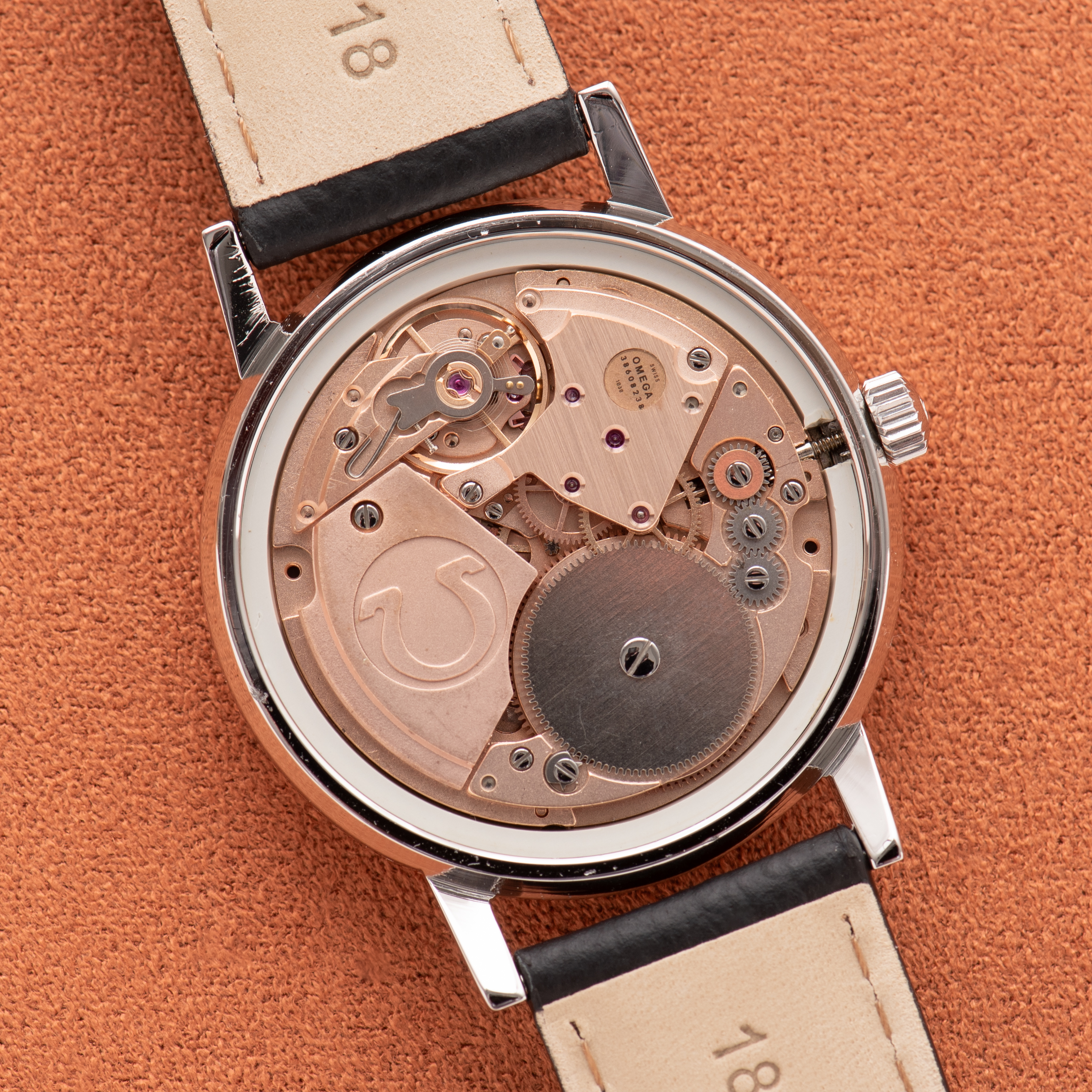 View of Omega Genève Date Silver Breguet Dial réf 136.0104 from 1974