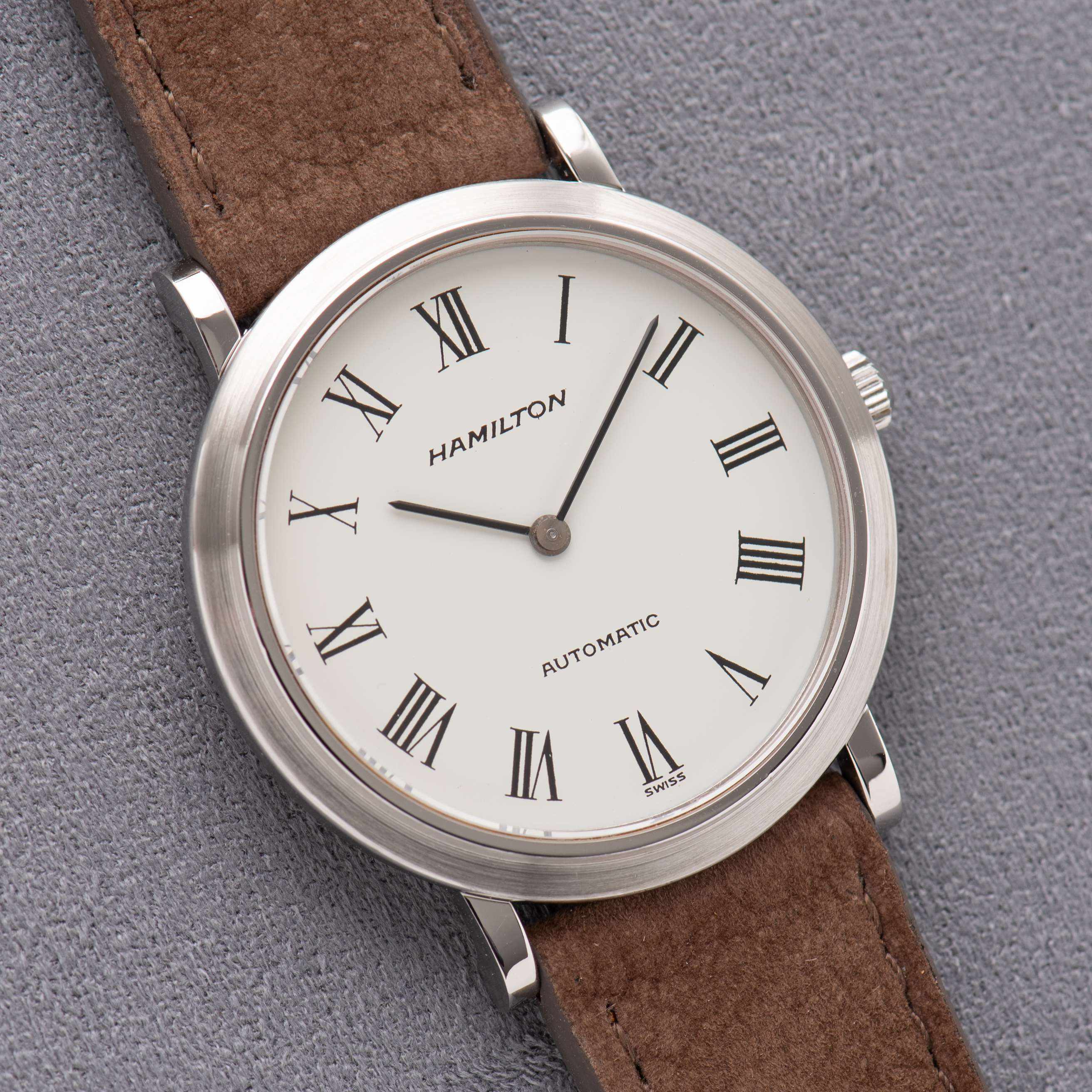 View of Hamilton PROTOTYPE Omega Automatic White Roman Dial Extraplate Cal 831