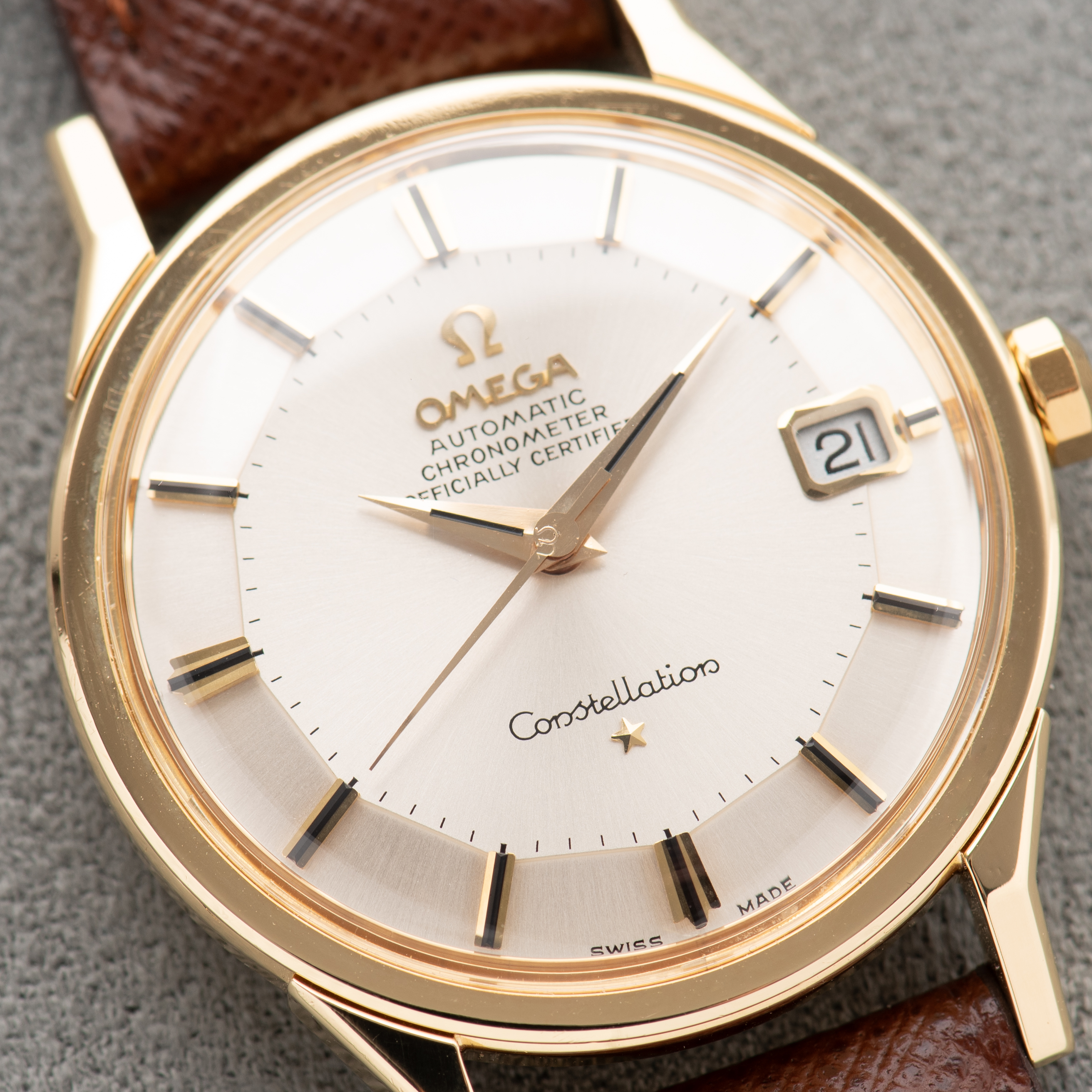 View of Omega Constellation Pie Pan 18K Gold 18K Automatic from 1967 ref 168.005