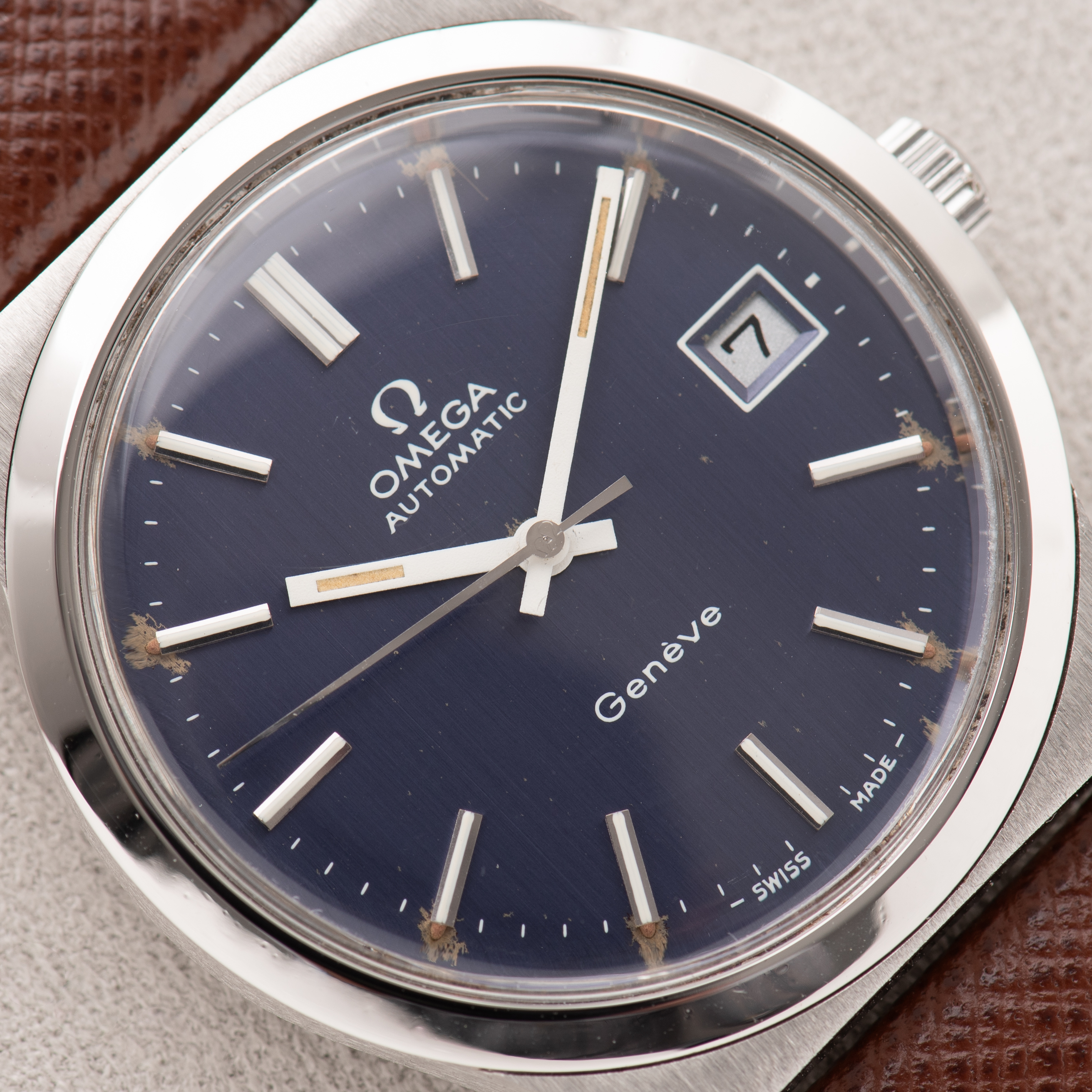 View of Omega Genève Automatic Date Blue Dial Ref 166.0169 from 1973