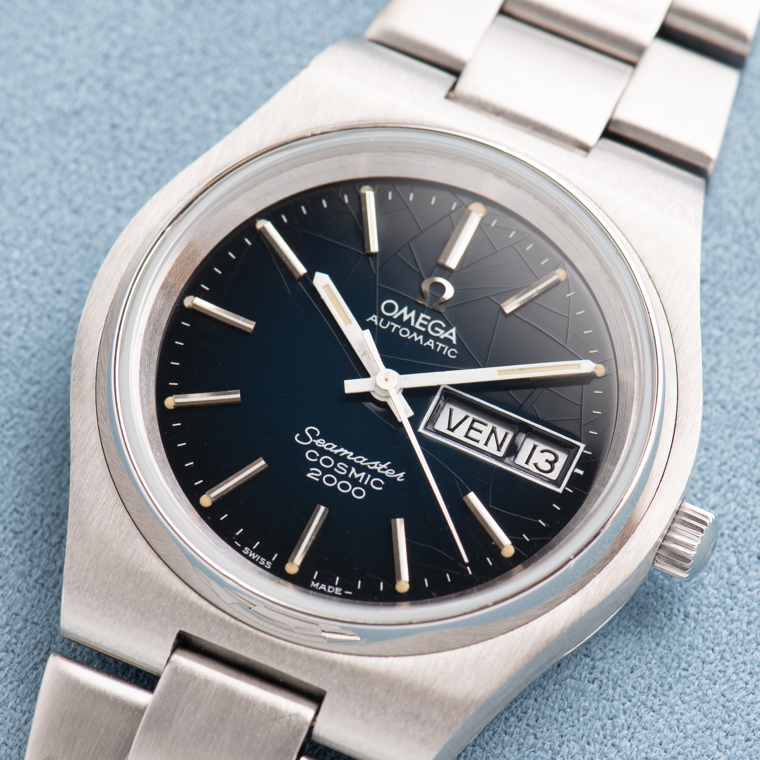 View of Omega Automatic Seamaster Cosmic 2000 Spider dial Réf 166.0129 from 1973