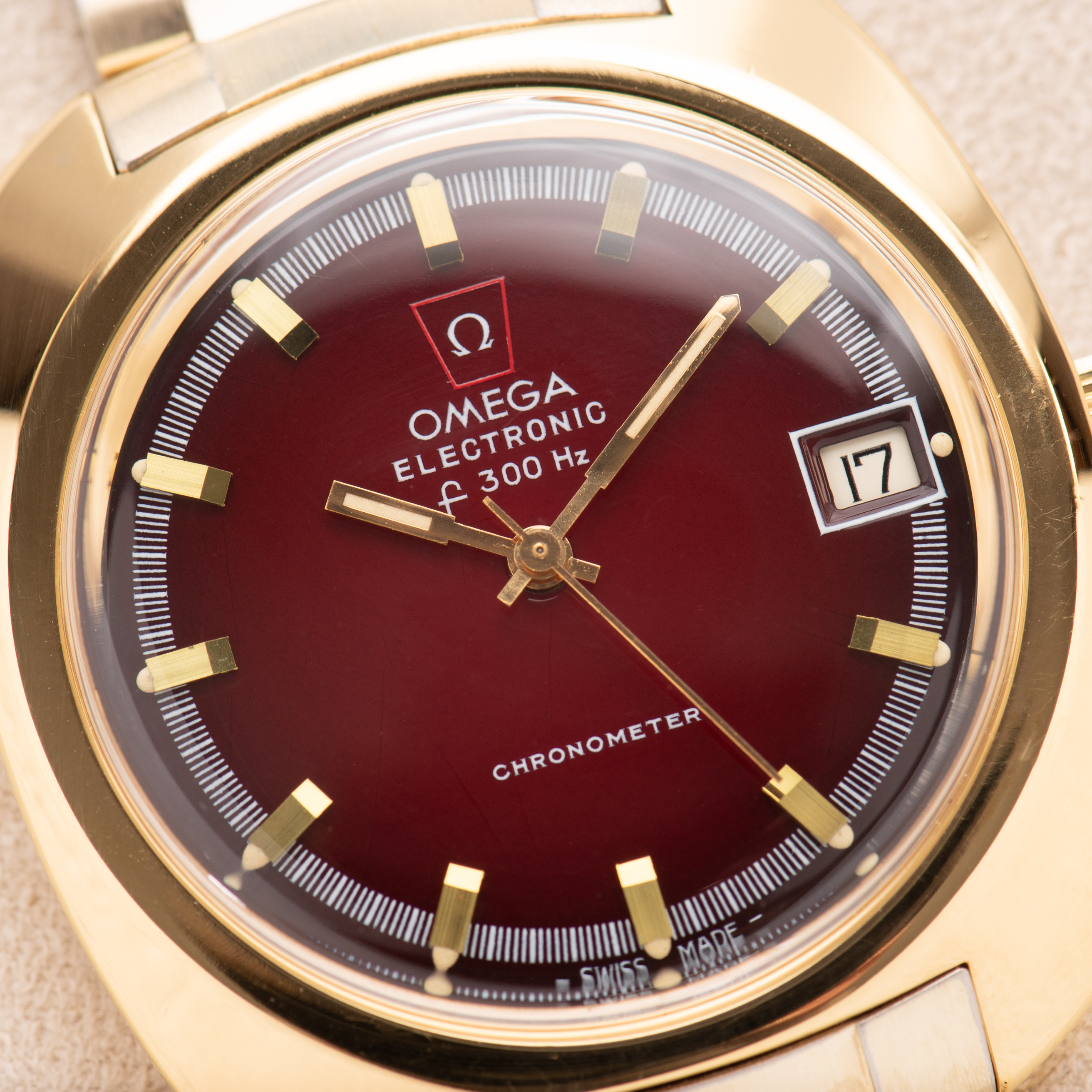 View of Omega Electronic F300 Hz Genève Chronometer Bordeaux Dial Ref 198.030 from 1972