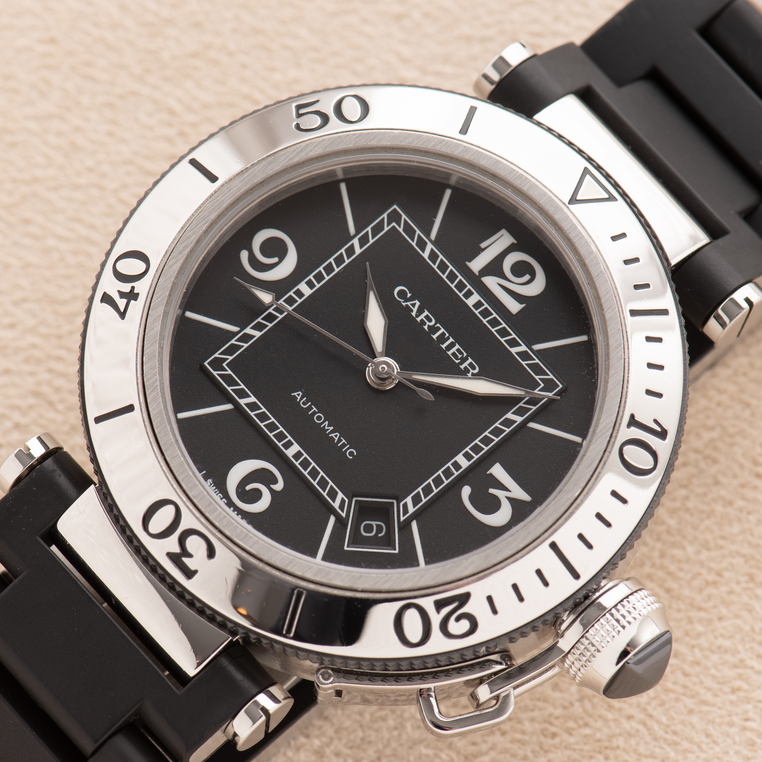 View of Cartier Pasha Seatimer Black Dial Ref 2790