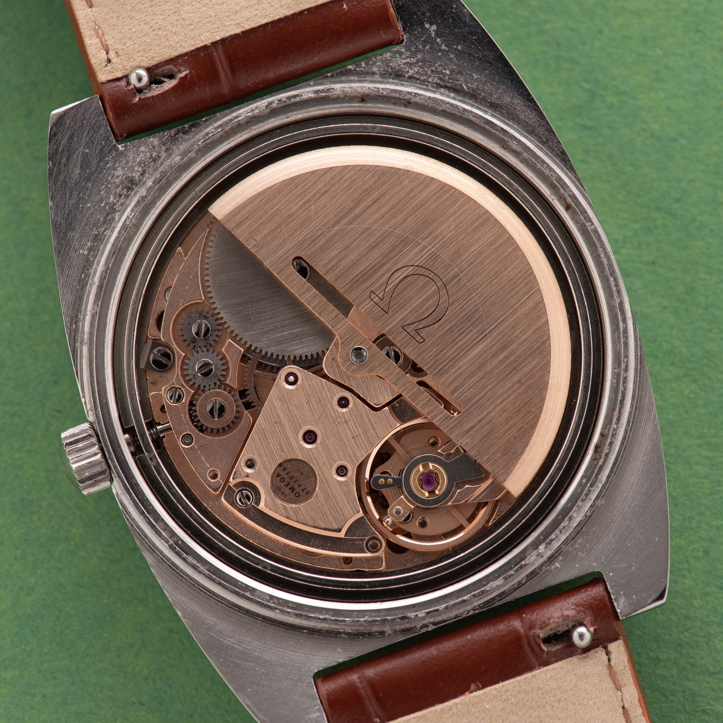 View of Omega Genève Automatic Date Square TV black dial ref 166.0190 from 1973