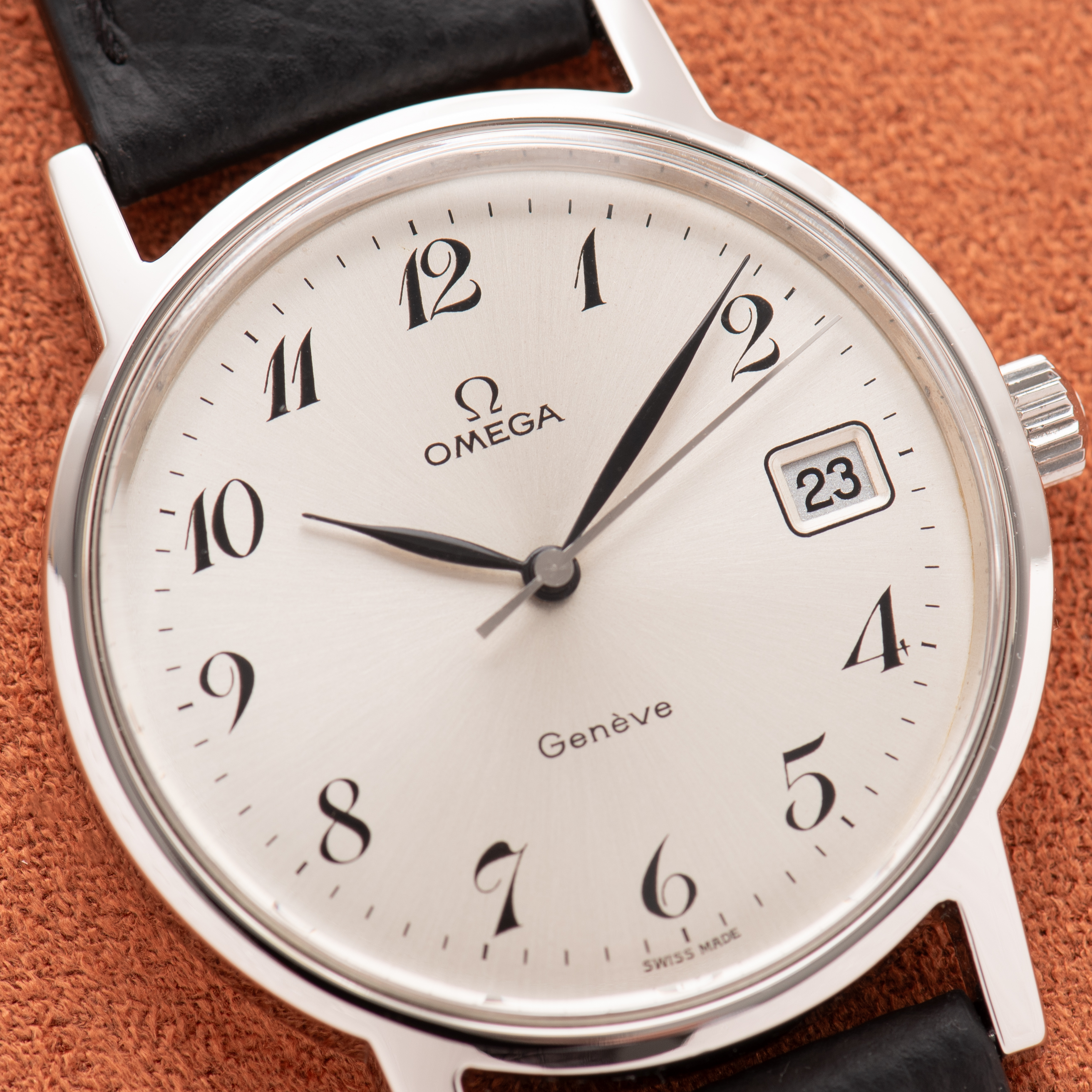 View of Omega Genève Date Silver Breguet Dial réf 136.0104 from 1974
