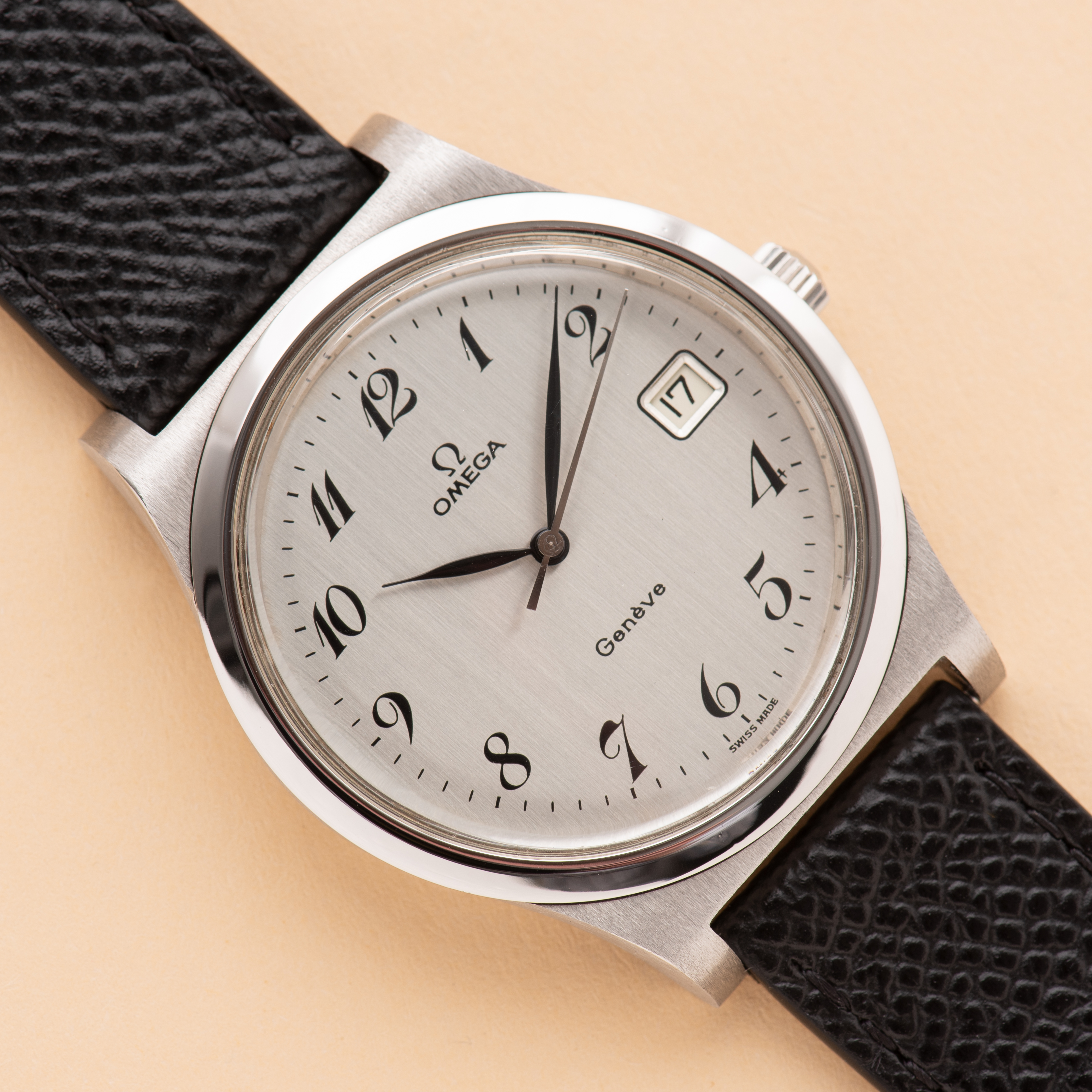 View of Omega Geneva Mechanical Date Breguet Dial Ref 136.0102 from 1975