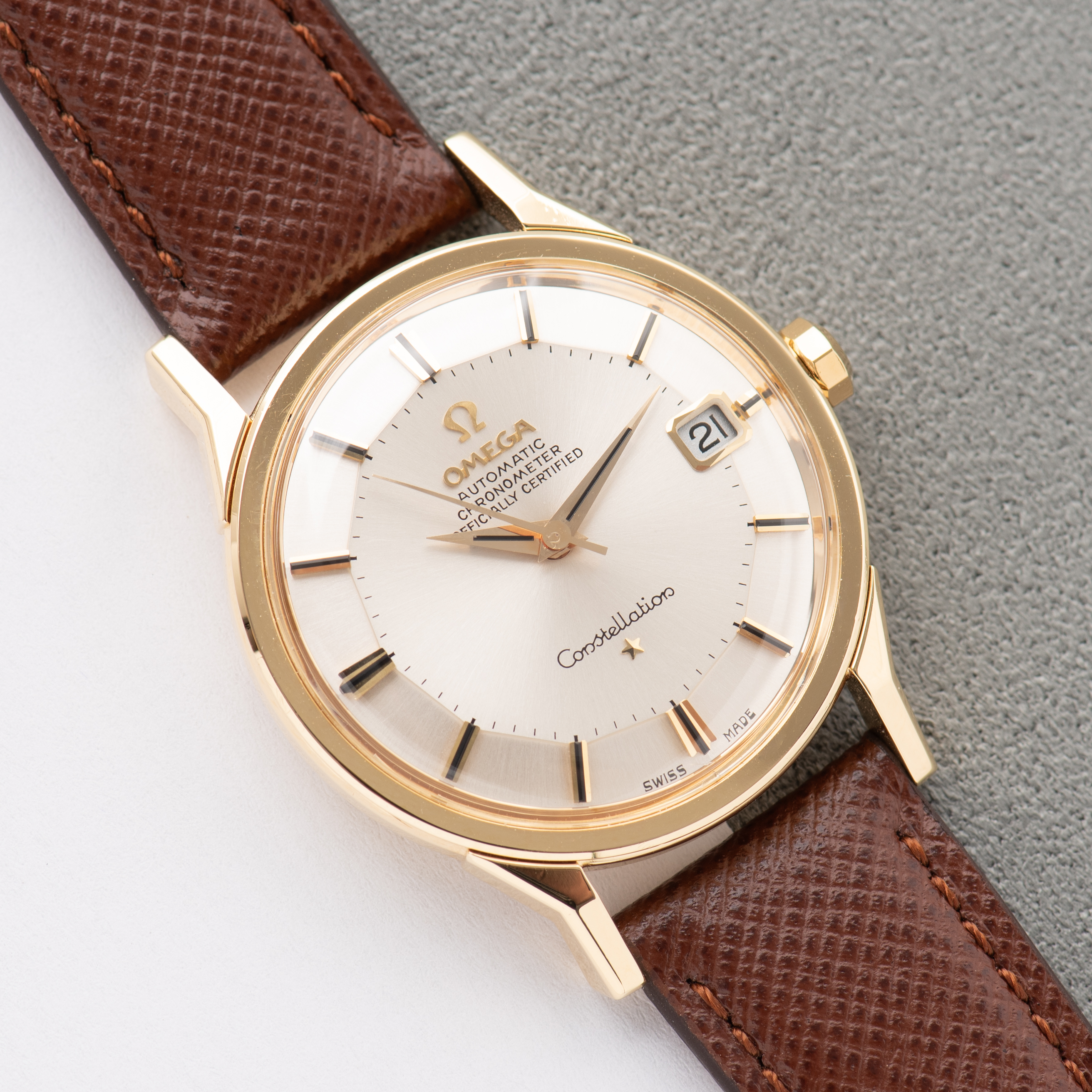 View of Omega Constellation Pie Pan 18K Gold 18K Automatic from 1967 ref 168.005