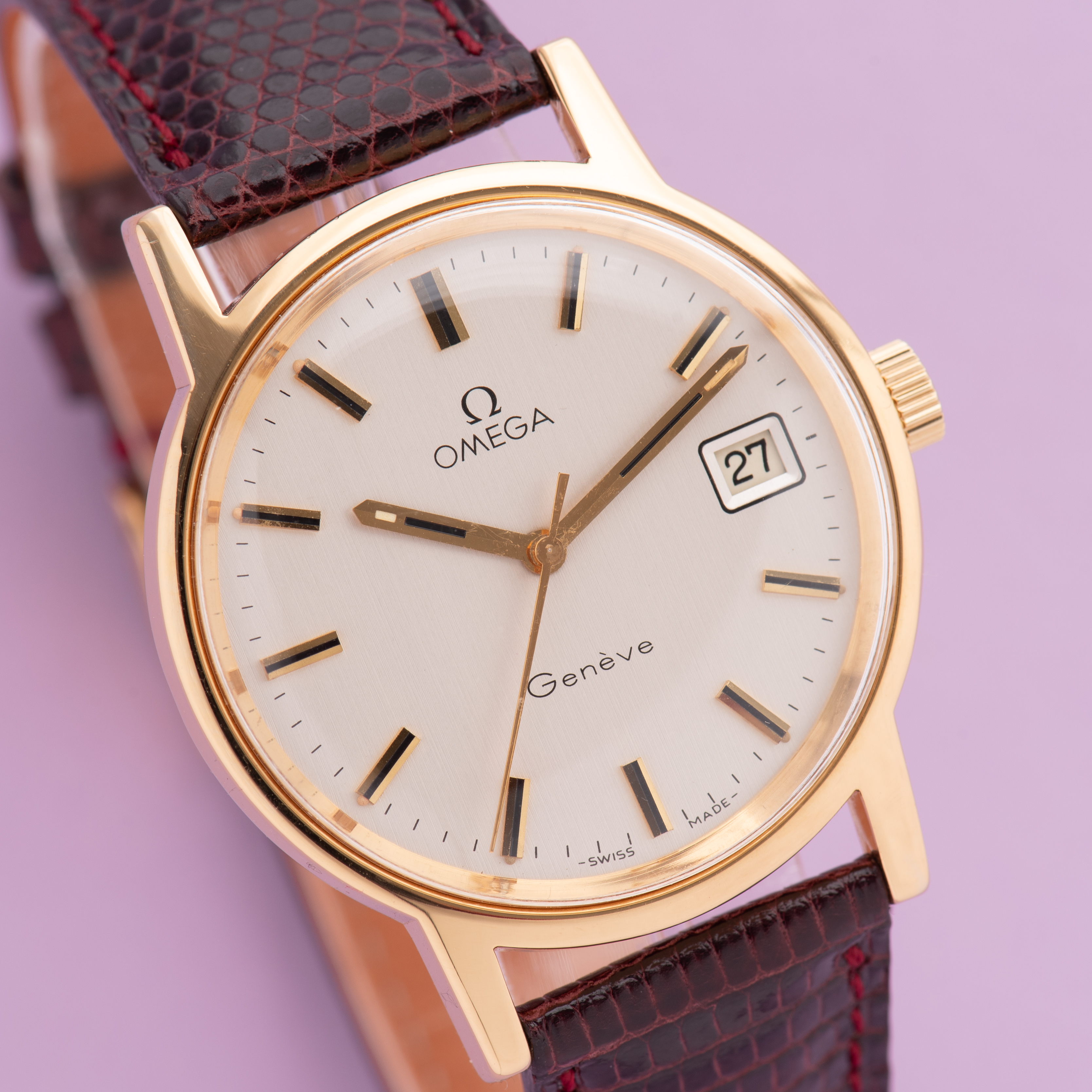View of Omega Geneva Date Silver linen dial ref 136.0104 from 1974