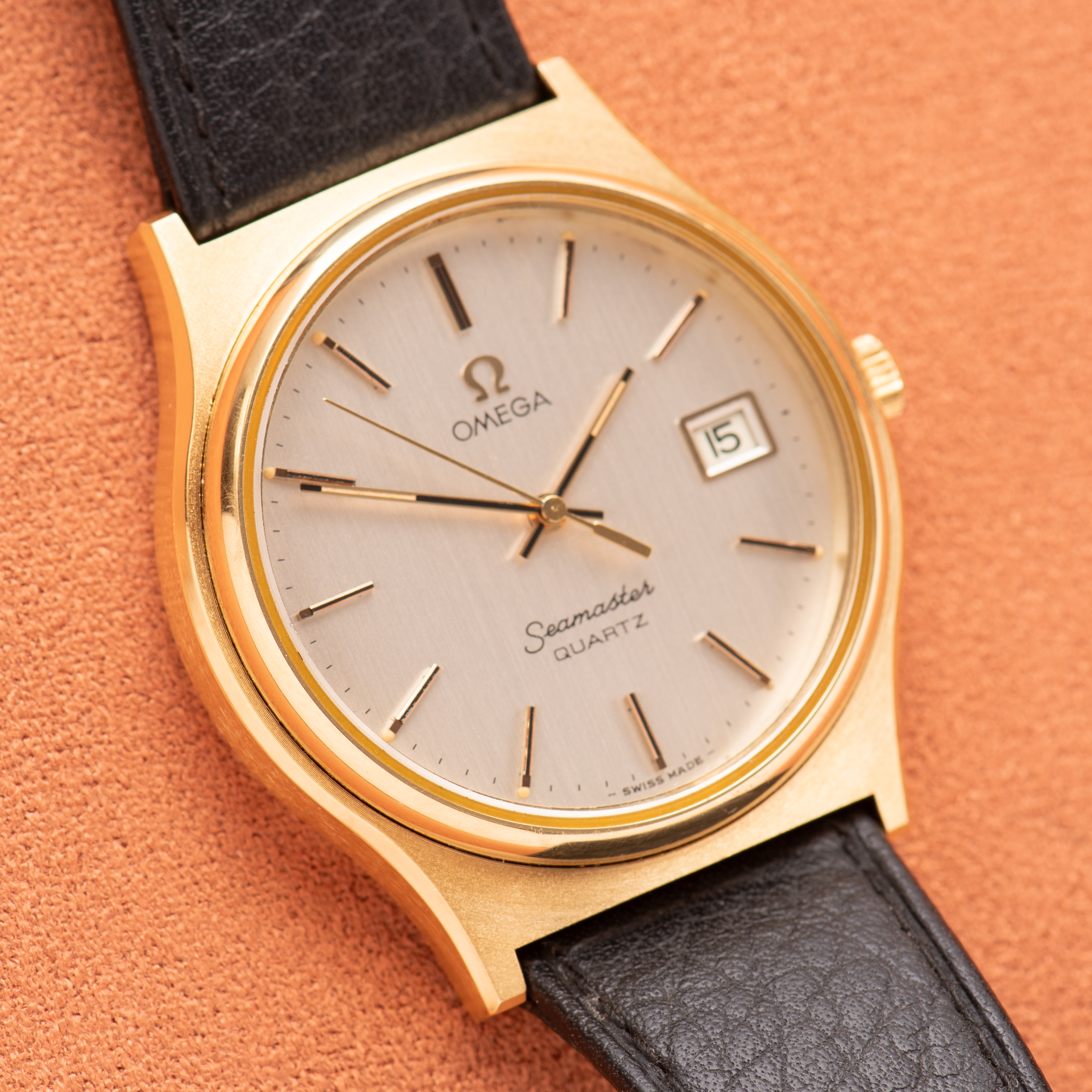 View of Omega Seamaster Quartz from 1977 cal 1342 Réf 196.0116 with box and papers