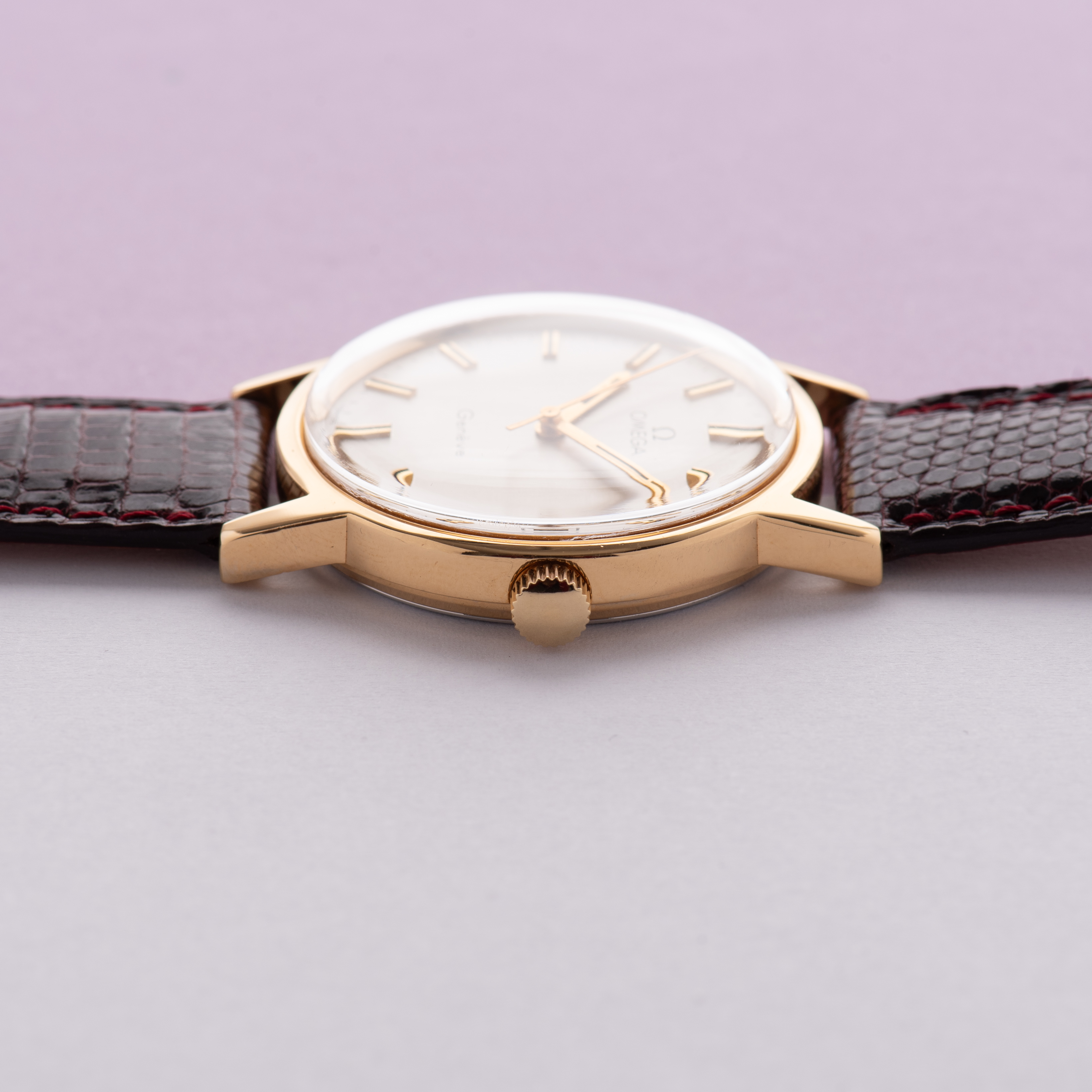 View of Omega Geneva Date Silver linen dial ref 136.0104 from 1974