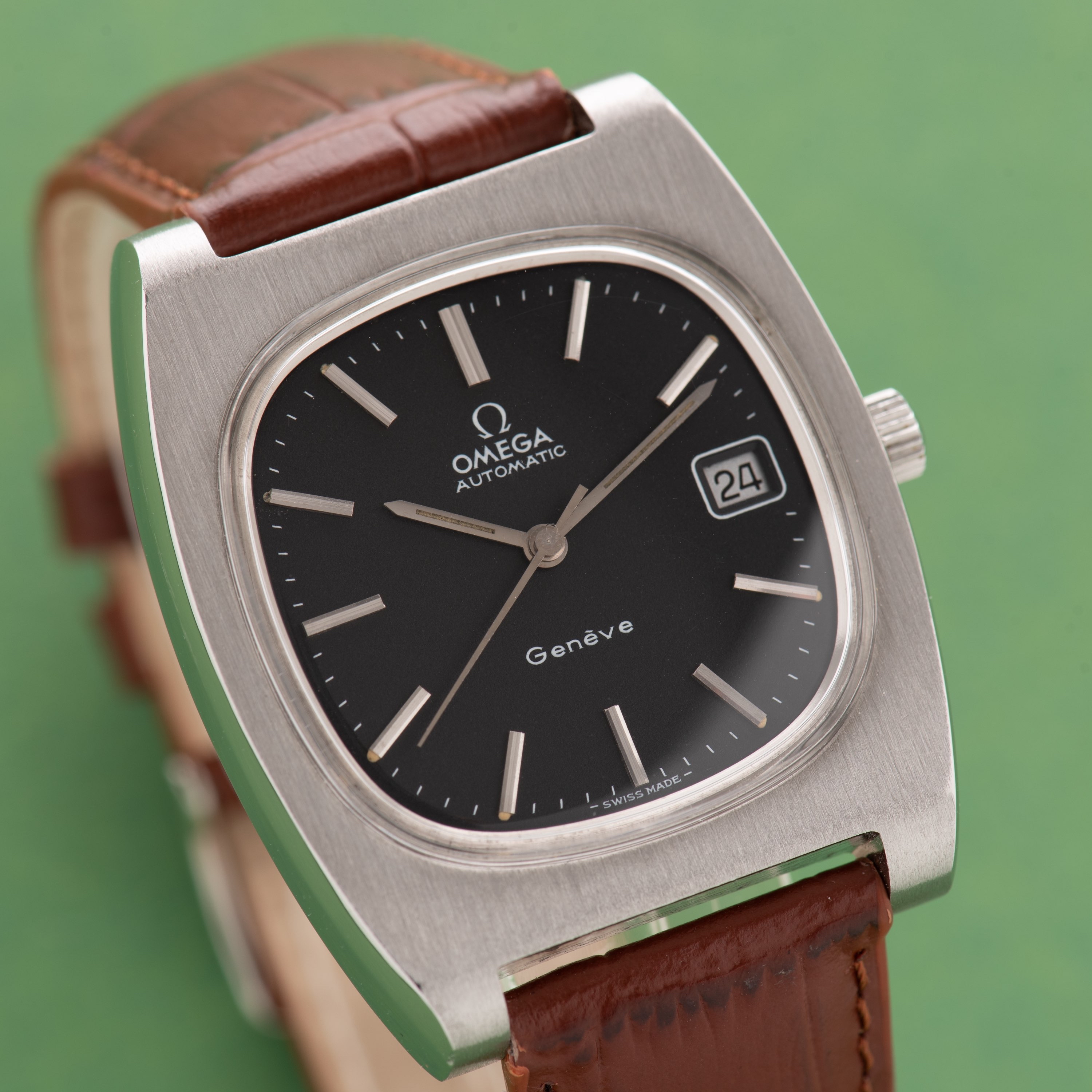 View of Omega Genève Automatic Date Square TV black dial ref 166.0190 from 1973