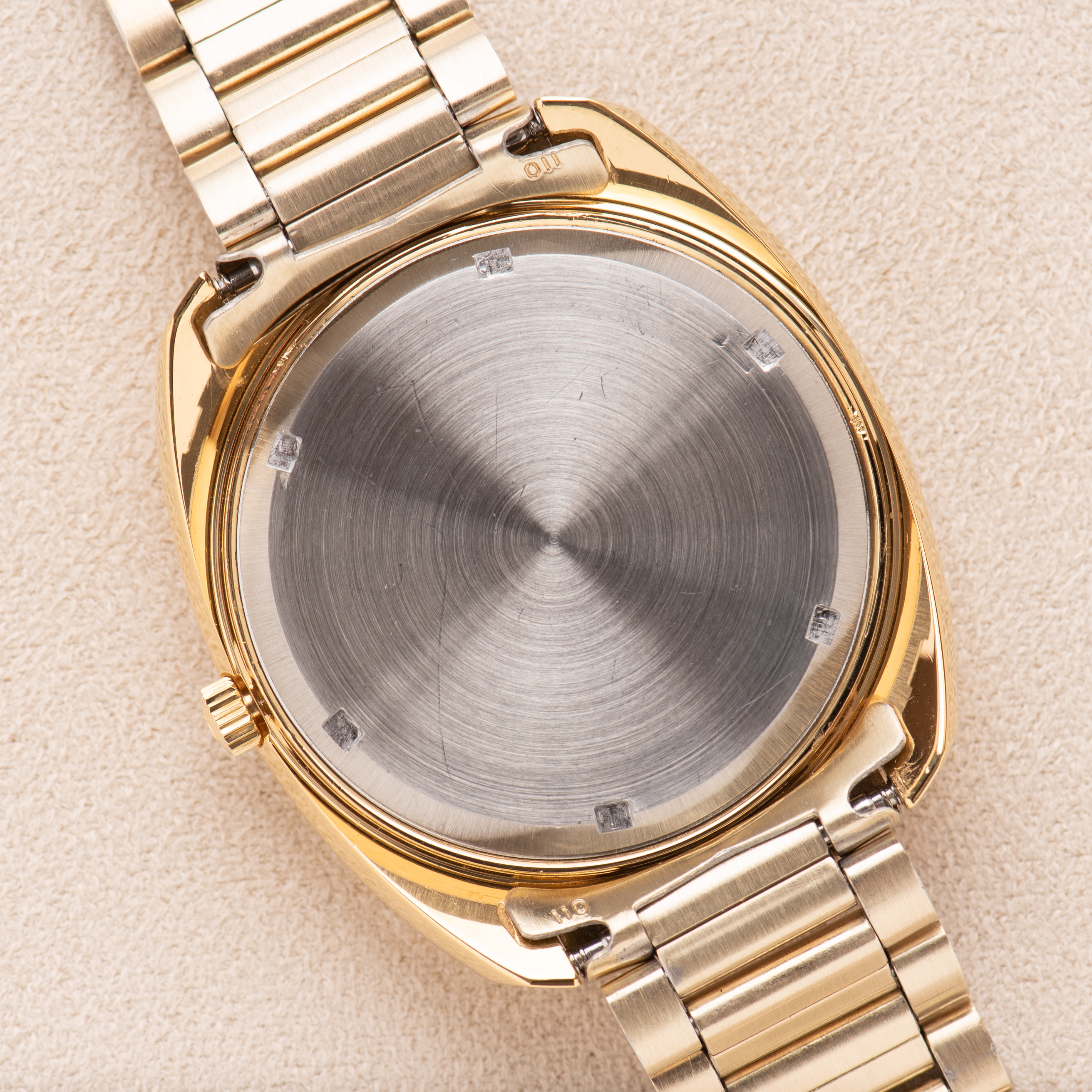 View of Omega Electronic F300 Hz Genève Chronometer Bordeaux Dial Ref 198.030 from 1972