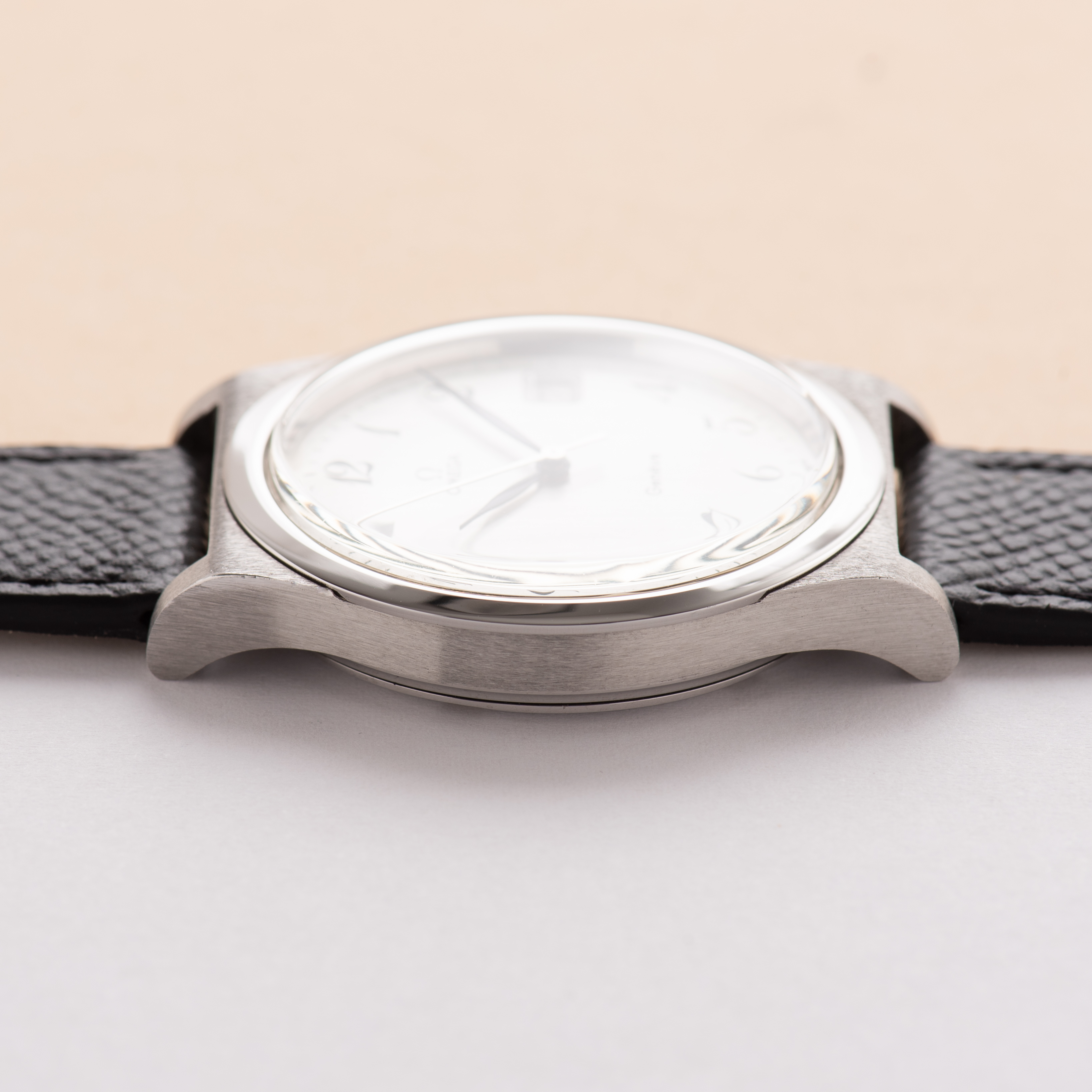 View of Omega Geneva Mechanical Date Breguet Dial Ref 136.0102 from 1975