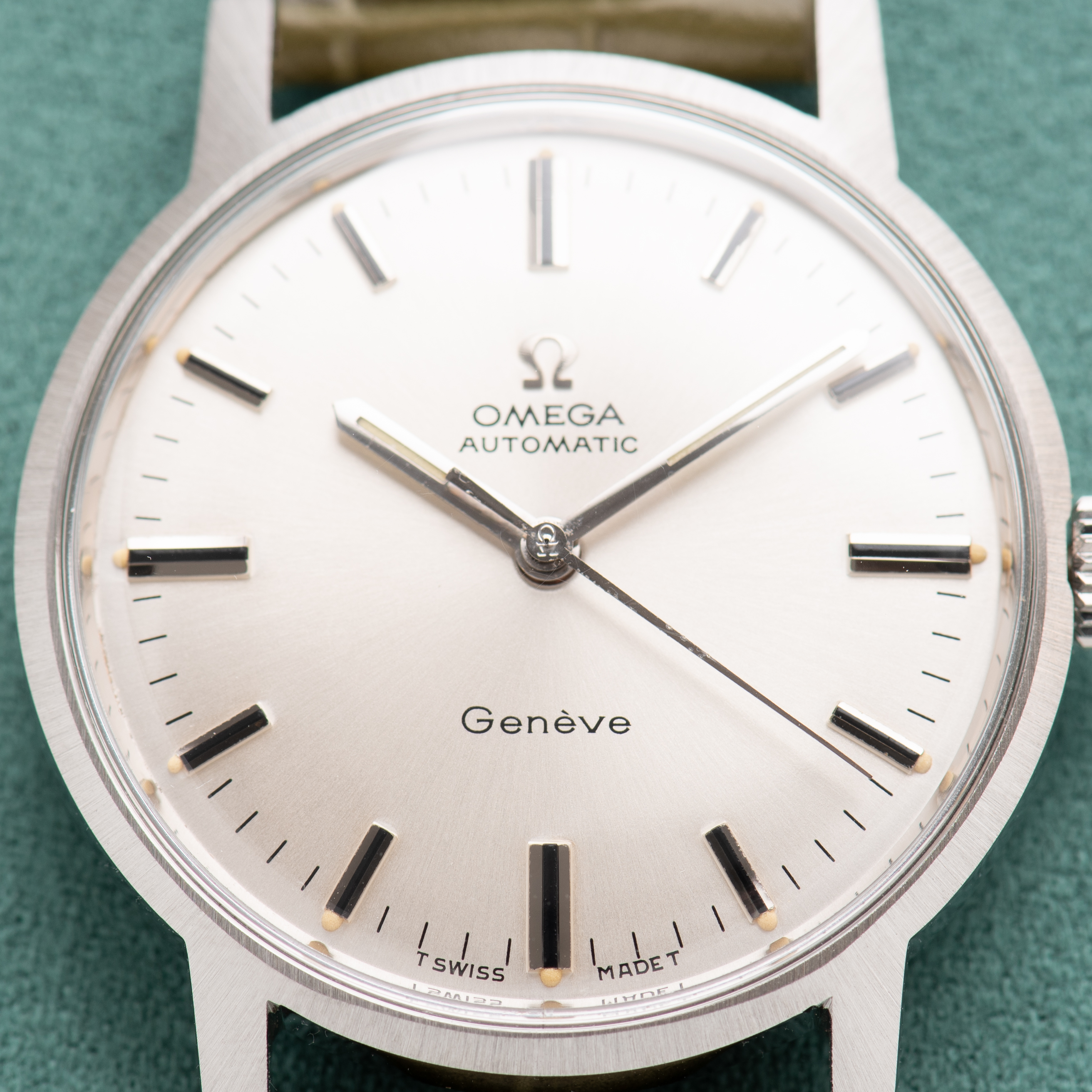 View of Omega Automatic Genève Silver Dial Ref 165.070 from 1969