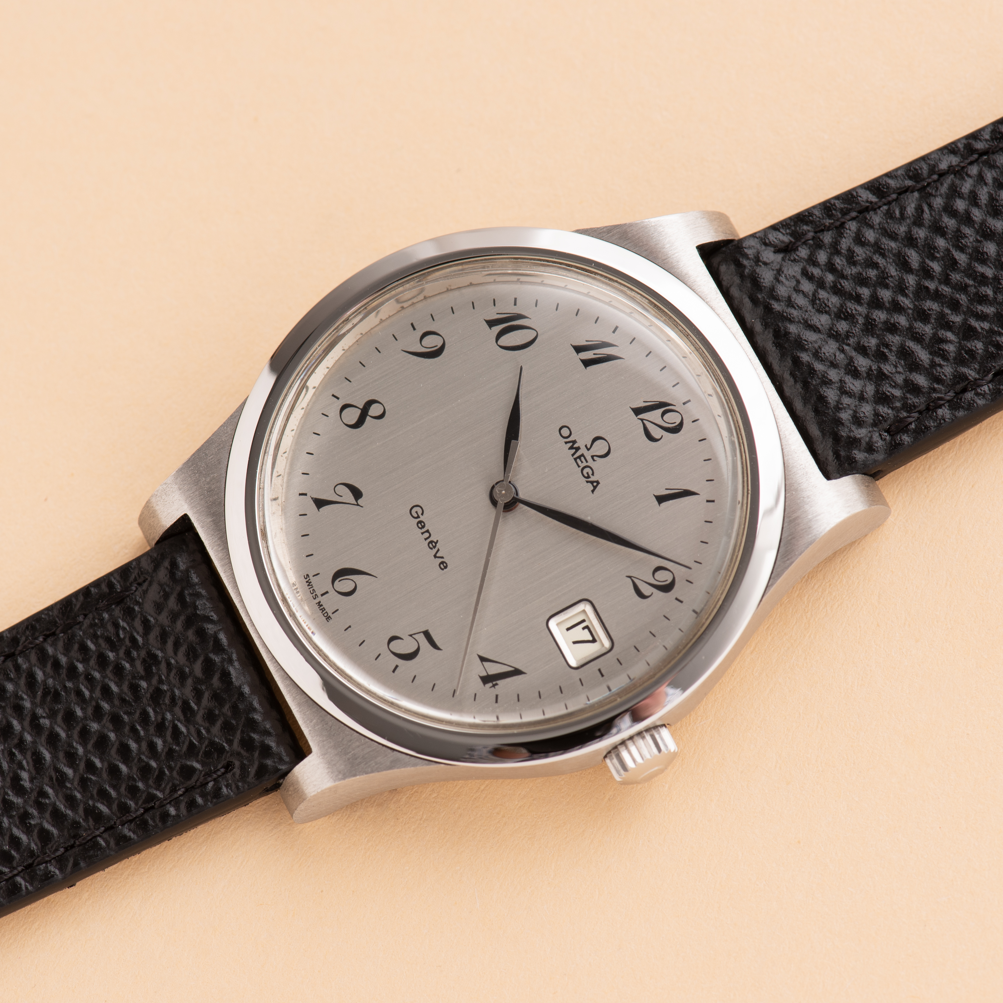 View of Omega Geneva Mechanical Date Breguet Dial Ref 136.0102 from 1975