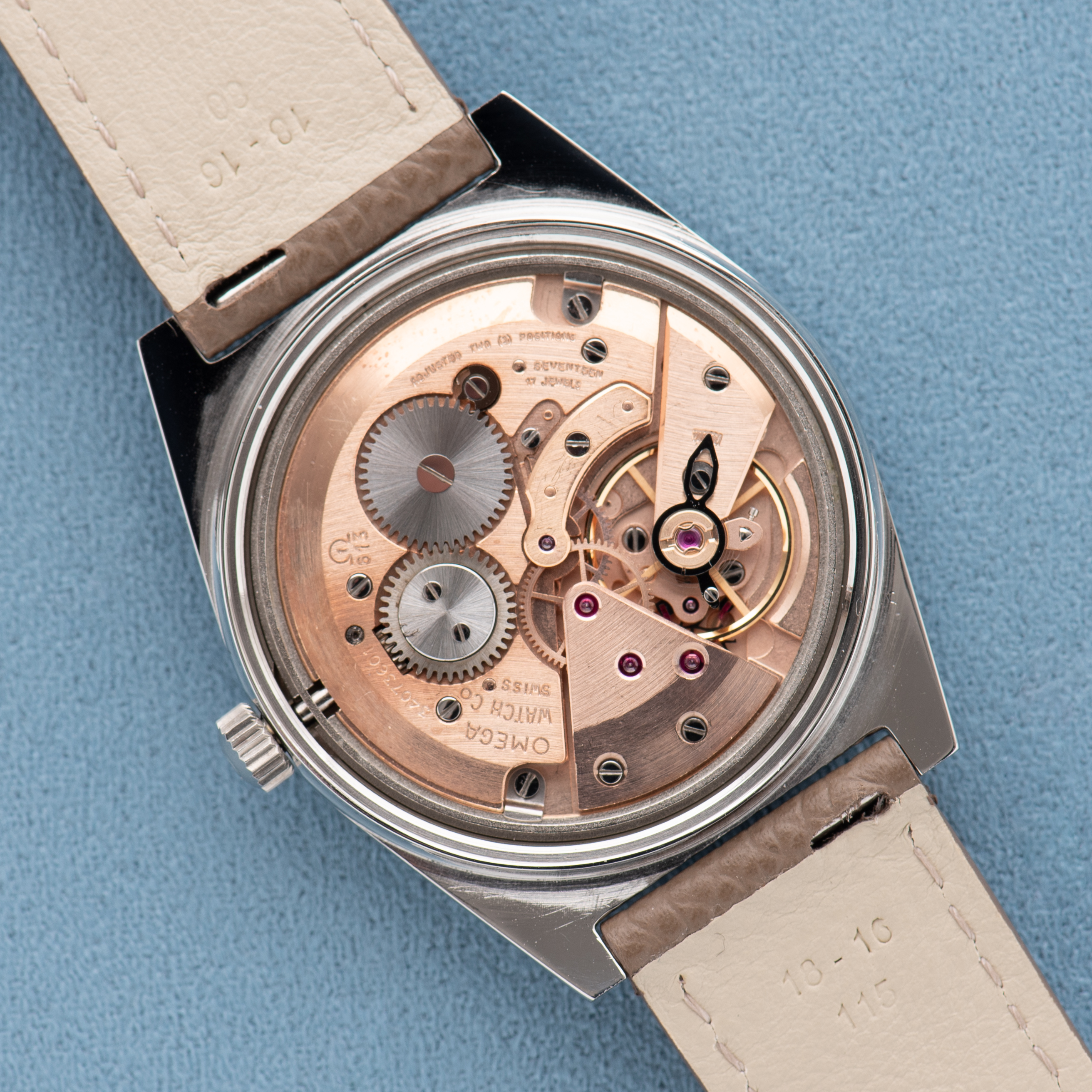 View of Omega Genève Date Silver dial Réf 136.0049 from 1972