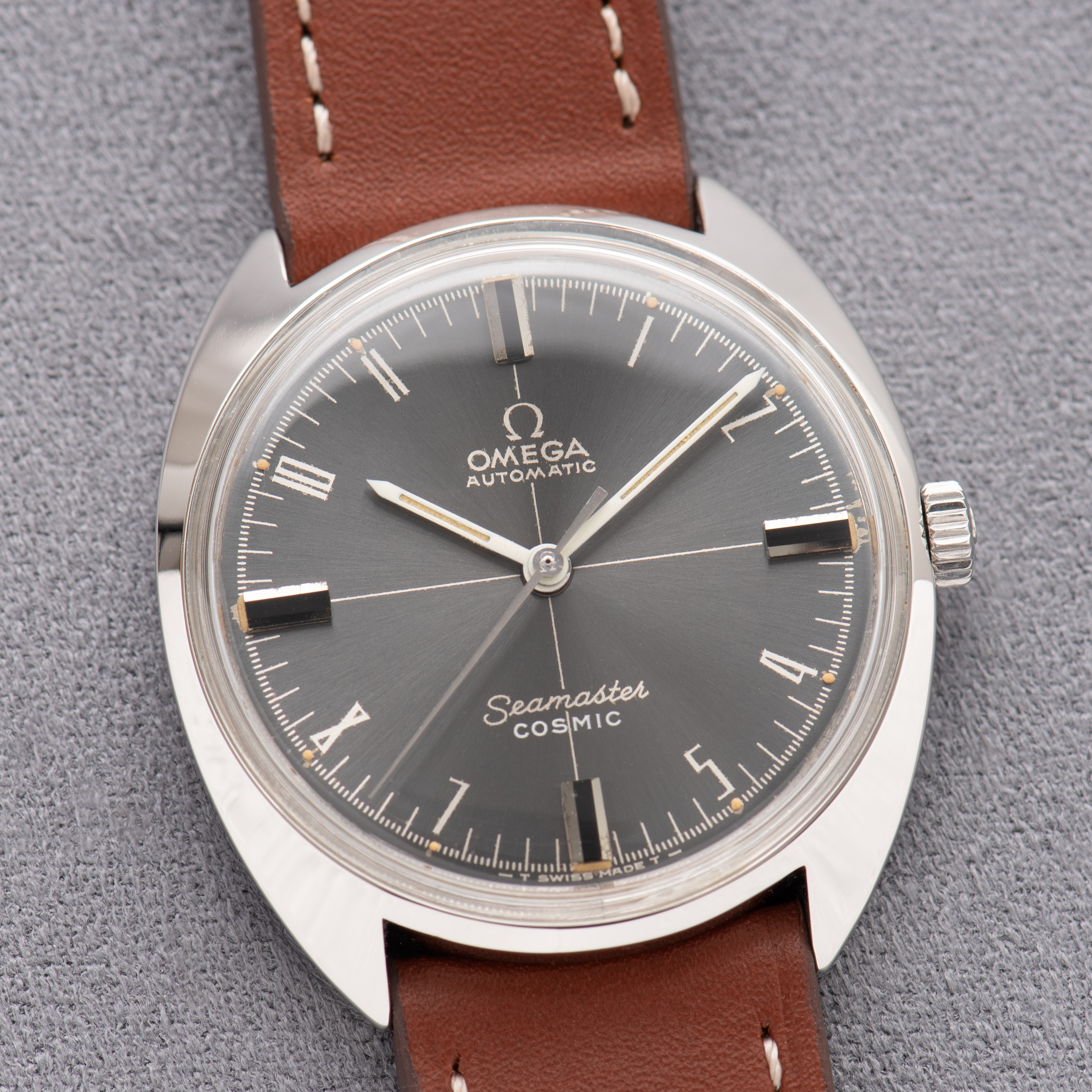 View of Omega Automatic Seamaster Cosmic "Crosshair" Grey Dial Ref 166.026 from 1969