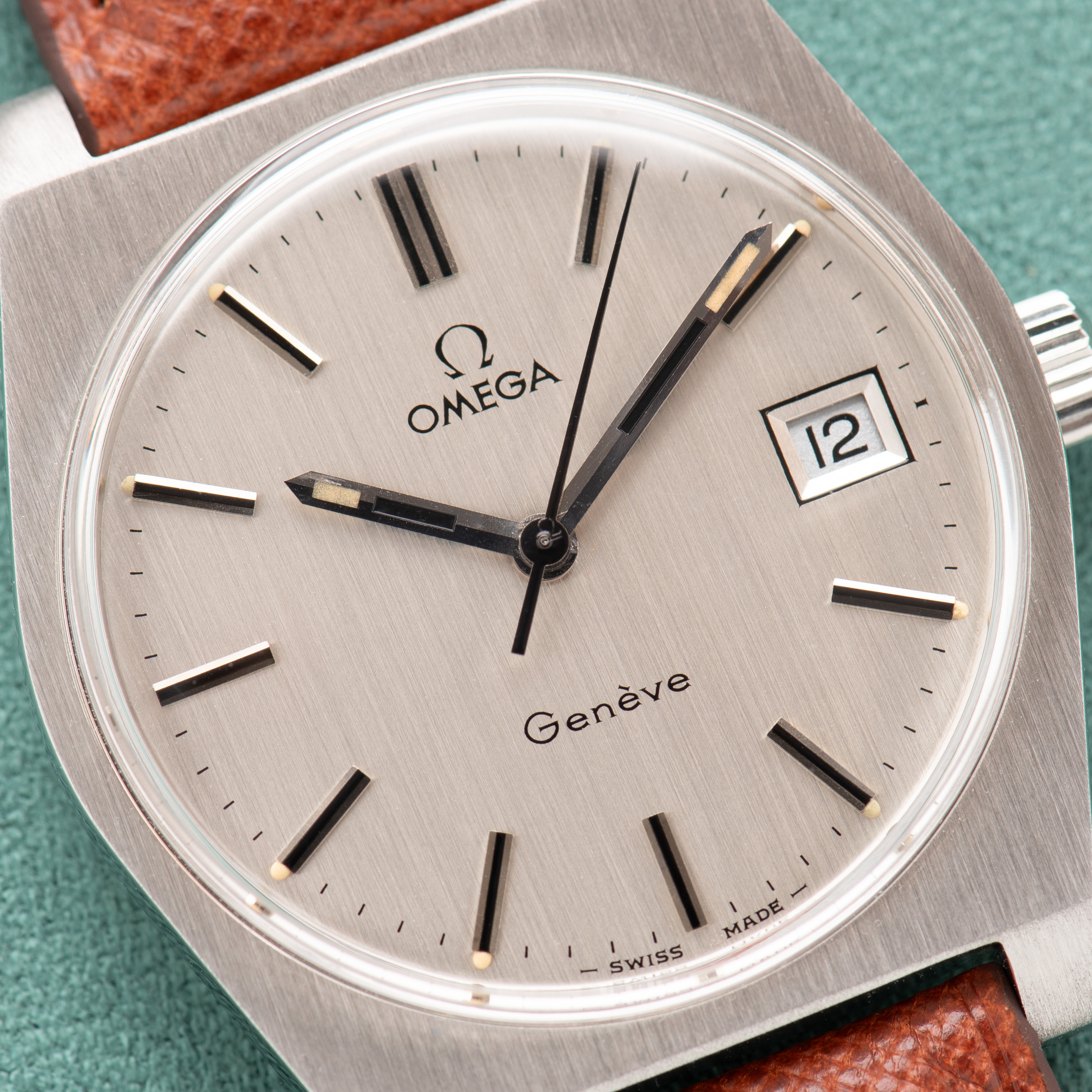 View of Omega Geneva Date Silver Dial Ref 136.0049 from 1969
