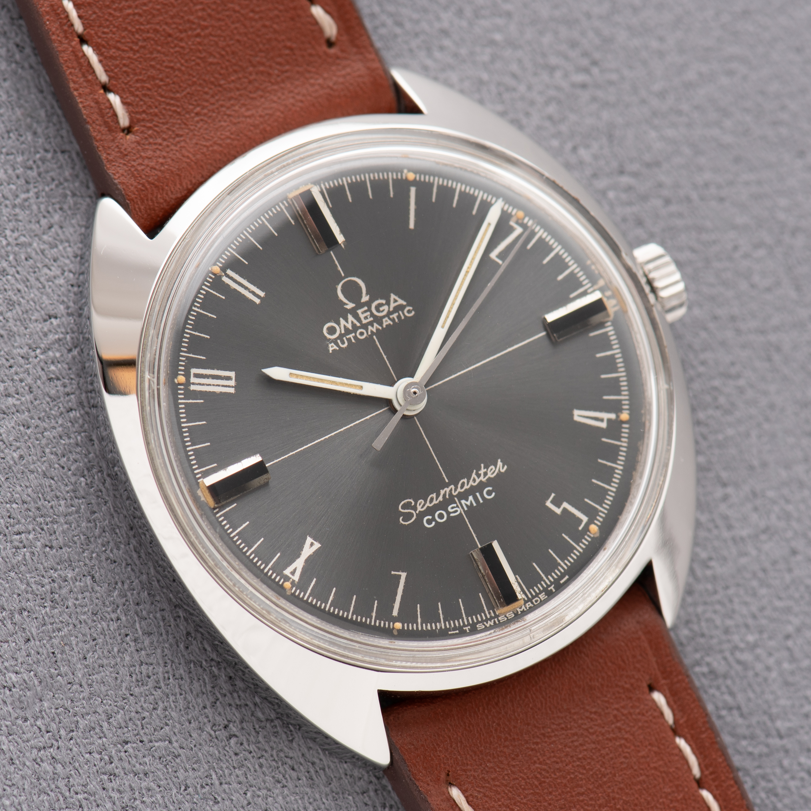 View of Omega Automatic Seamaster Cosmic "Crosshair" Grey Dial Ref 166.026 from 1969