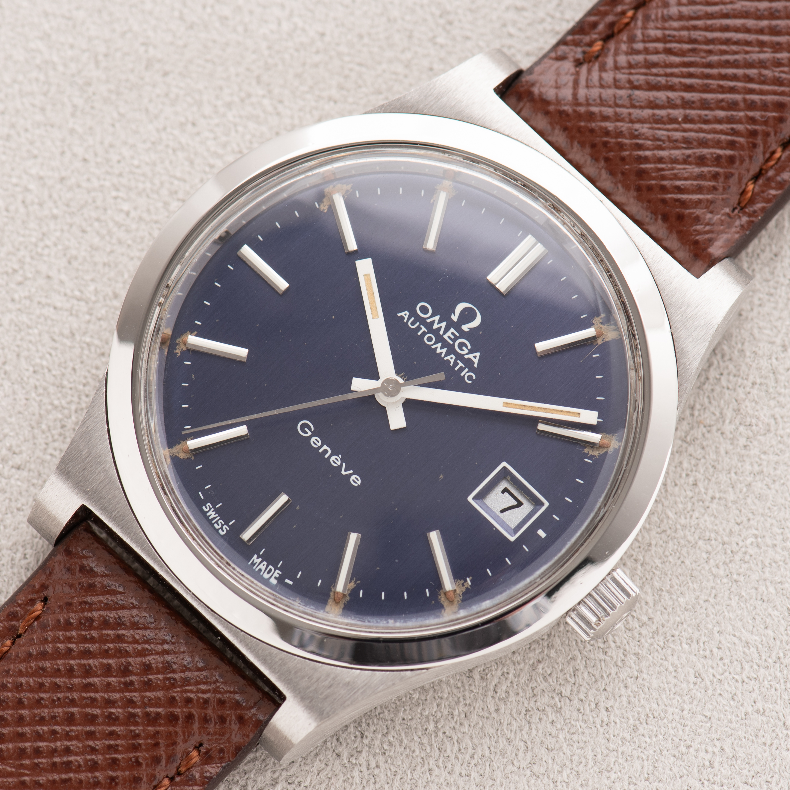 View of Omega Genève Automatic Date Blue Dial Ref 166.0169 from 1973